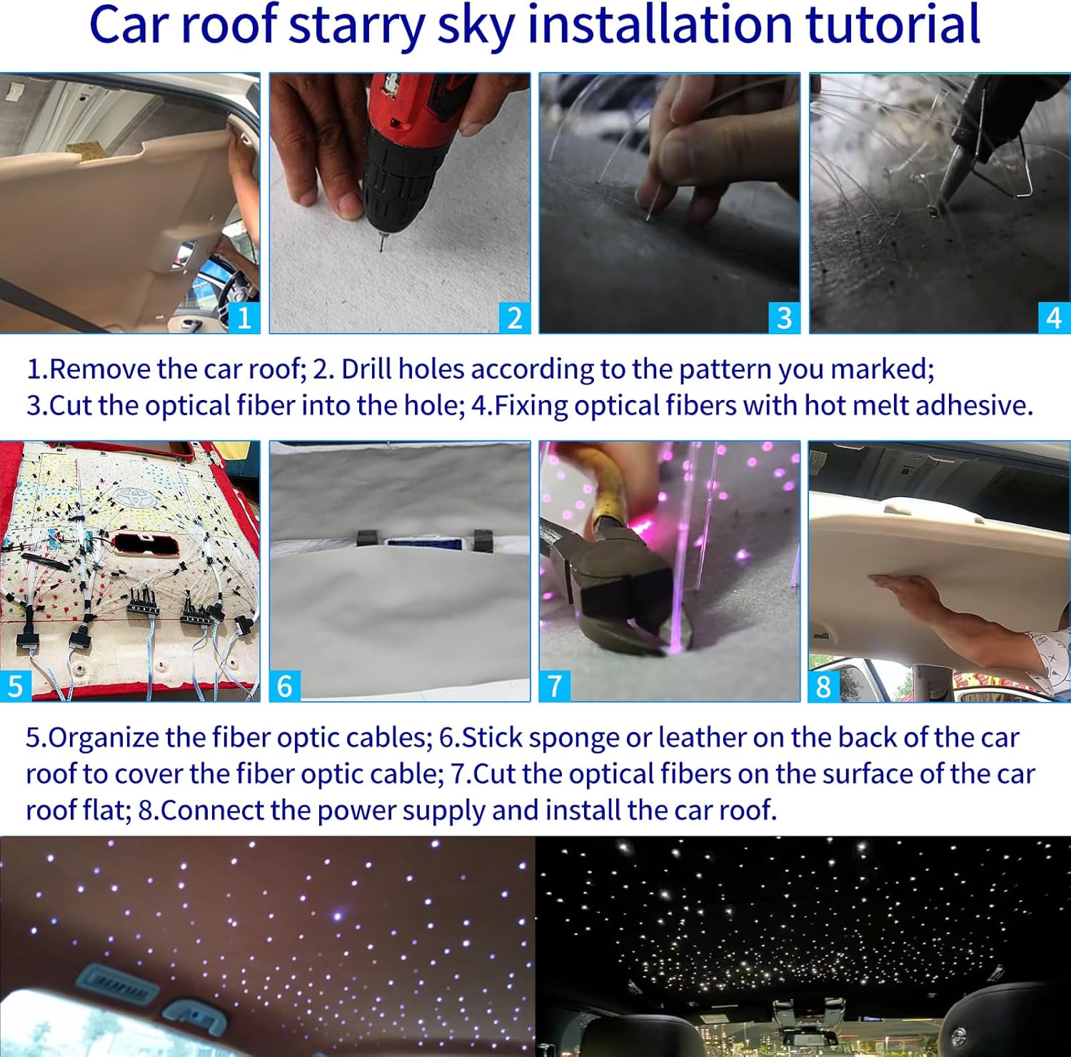 Split Starlight Headliner Kit with Meteor & Music Effect, 22W 3+10 Holes RGBW 1050pcs 0.02in x 4.9ft Fiber Optic Lights Kit, Star Light Headliner Kit for Car Truck Jeep, App & Remote