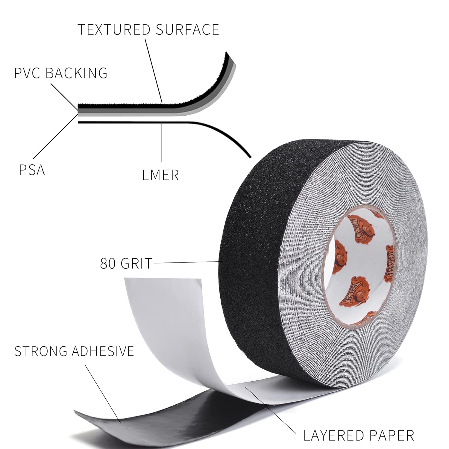 TAPEBEAR Grip Tape Anti Slip Traction Tape 4 Inch x 60Ft, Non Slip Tape Waterproof Heavy Duty Safety Tape for Indoor Outdoor Steps Stairs Treads, Strong Grip