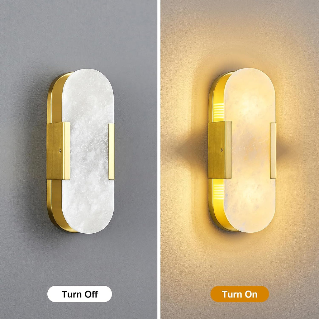 Brass Alabaster Wall Sconces Set of Two, Modern Natural Marble Wall Sconces for Indoor Lighting, 13.8 in Gold Wall Lights for Bathroom Dining Room Stairs Bedroom