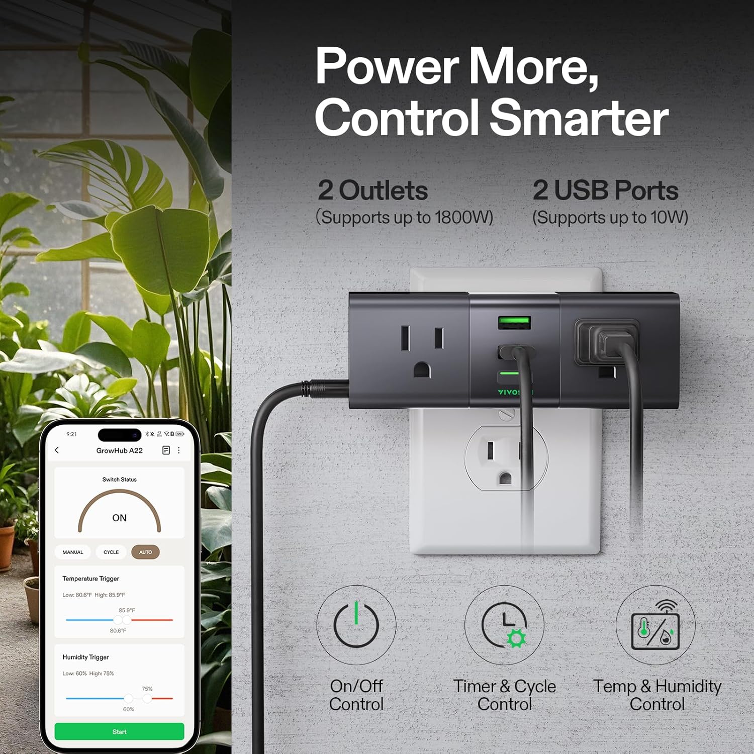 VIVOSUN GrowHub Outlet Controller A22 with Temperature and Humidity Sensor Probe, Smart Environmental WiFi-Controller, Smart Plug, Thermostat, 15A 1800W, Compatible with Vivosun App for Grow Tent