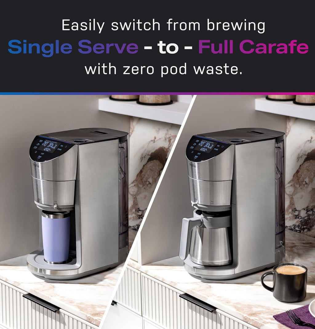 GE Profile Smart Grind & Brew Coffee Maker w/Podless Single Serve, 90oz Water Reservoir, 10 Cup Thermal Carafe, Voice Control, Adjustable Burr Grinder, SCA Certified, Barista-Quality, Stainless Steel