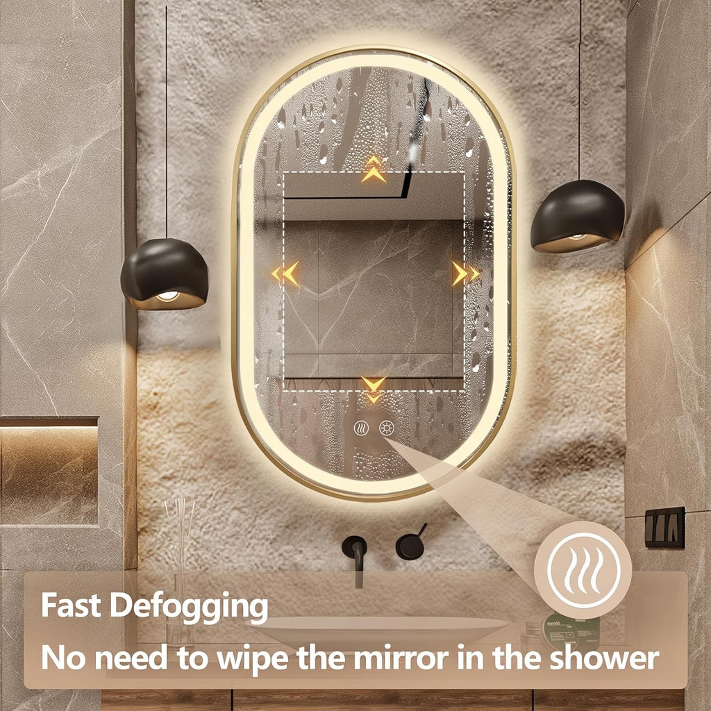 Niccy Oval LED Mirror for Bathroom, 32x20 Front Lit + Backlit Vanity Mirrors with Light Anti-Fog, Shatter-Proof, Makeup Mirror with Gold Frame (Horizontal/Vertical)