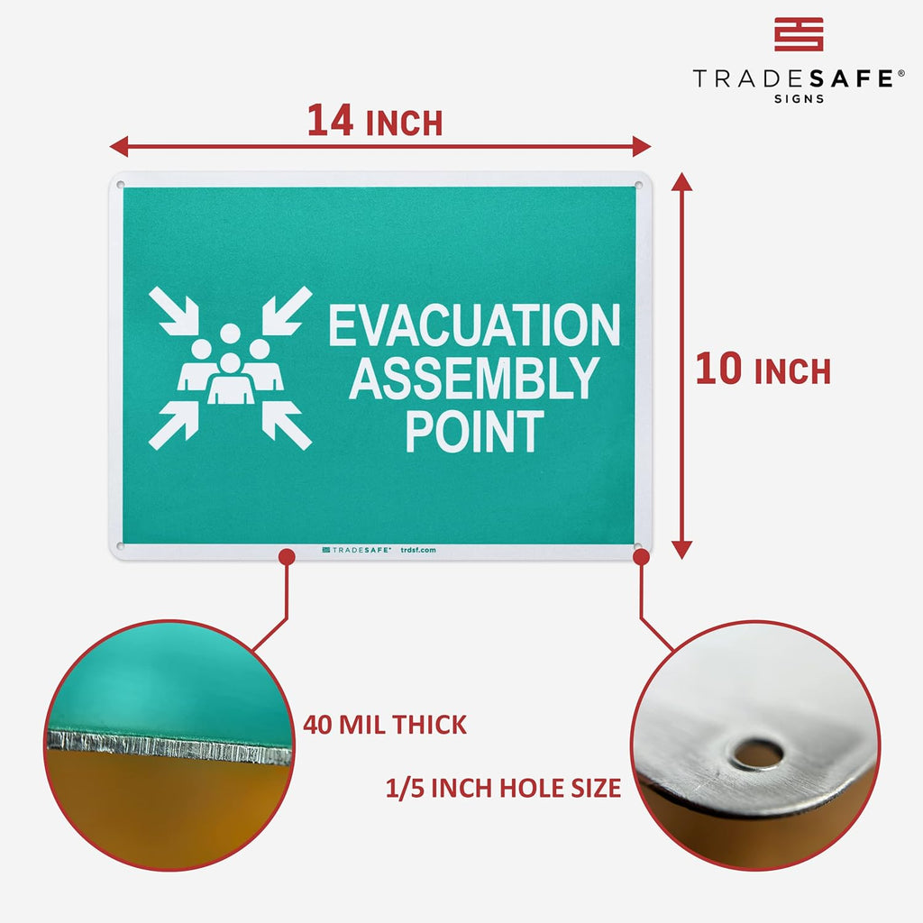 TRADESAFE Evacuation Assembly Point Sign - Emergency Evacuation Sign, Quick Install, Light Reflective, UV-Resistant, Waterproof, 14” X 10” Aluminum Safety Signs for Business
