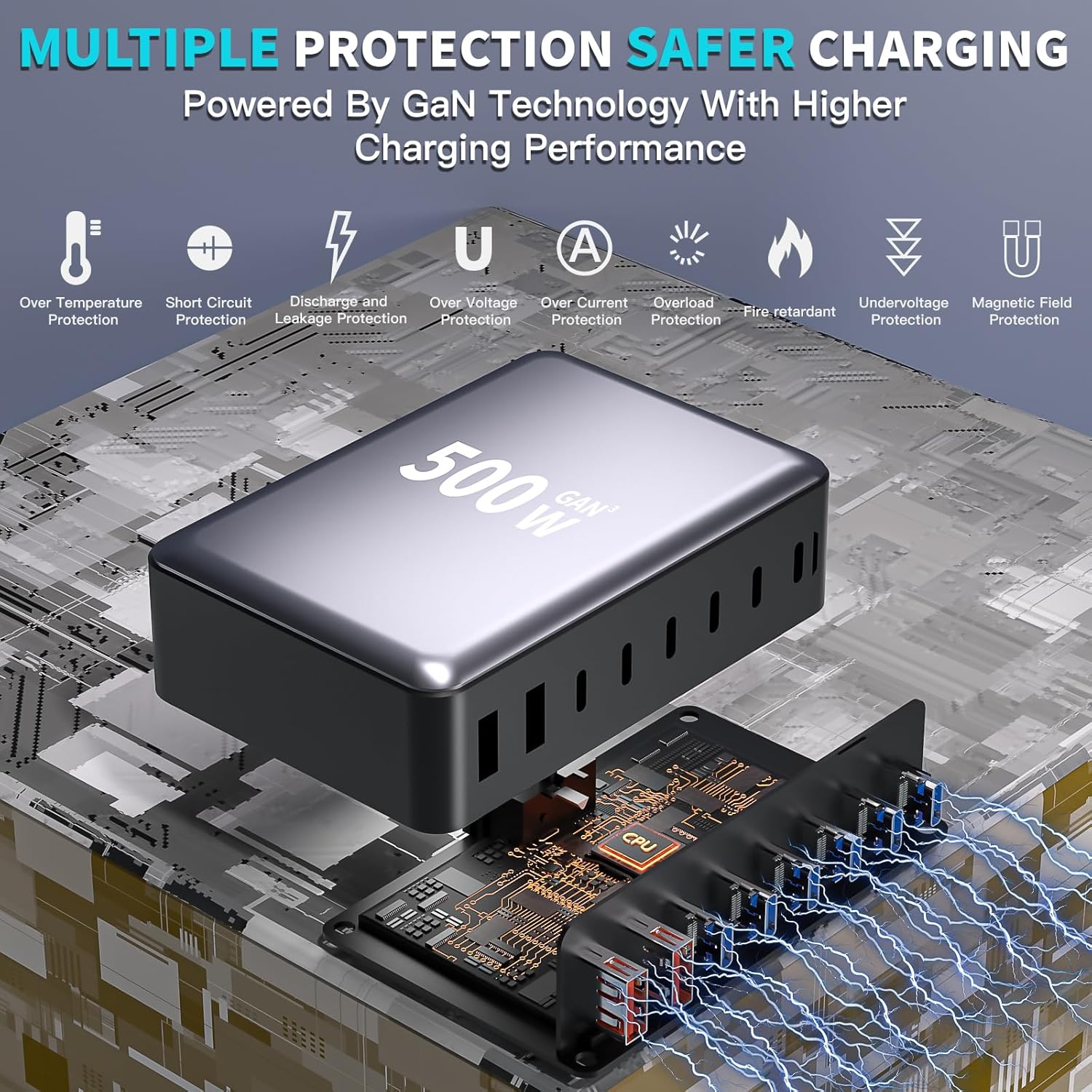 500W GaN USB C Charger Block Charging Station 8 Port Fast Charger Block with Dual 100W PD USB-C Fast Charging Station Hub Compatible with iPhone 17/16 15/14/13/Pro Max/MacBook Pro/Air/All iPad (Black)