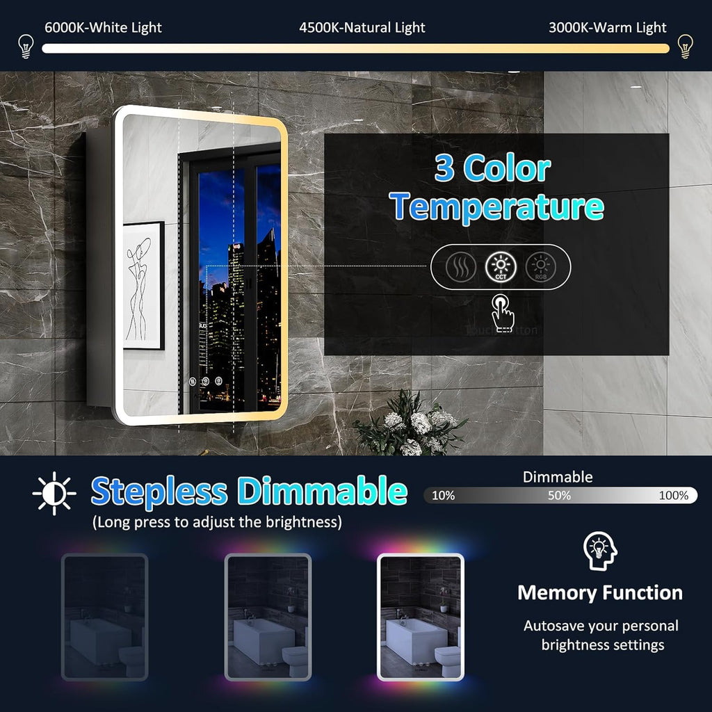 20×32 Inch Lighted Medicine Cabinet with Mirror, LED Medicine Cabinet with RGB Lights, Multicolor Backlit Mirror with Adjustable Front Lighted, Defogger, Memory Function, Surface Mount
