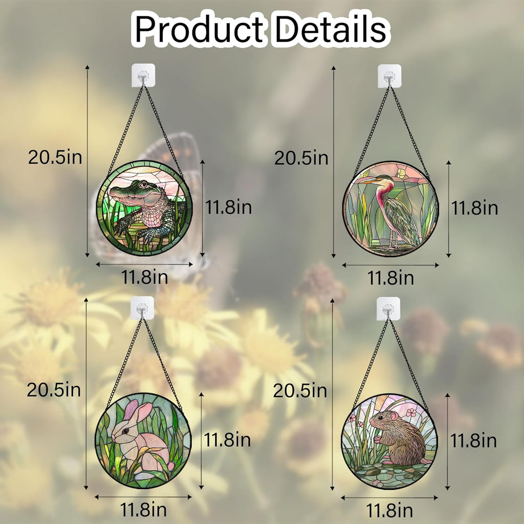 Stained Glass Window Hanging 4 Pcs Set Cute Animal Large 11.8"- Green Plant Pink Suncatcher Door Garden Sun Catcher Decor Birthday Christmas for Mom Woman Nana Men Friend