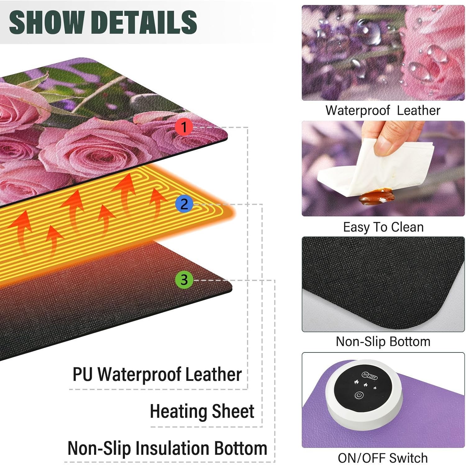 Large Heated Mouse Pad,Leather Desk Mat,31.5"x13",Hand Warmer Pads for Desk,Rose Lavender(Pink)