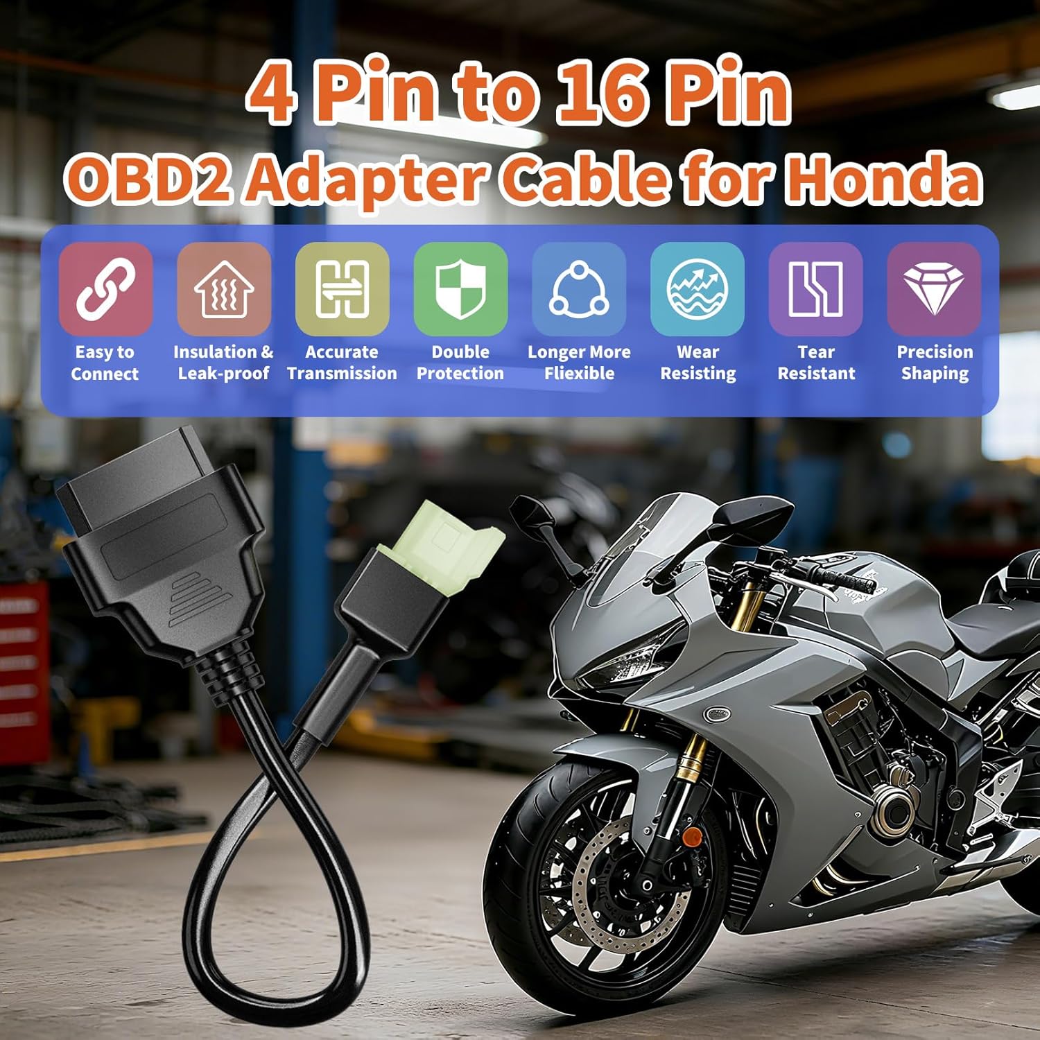 OBD2 Adapter Cable Fits for Honda Motorcycles, 4Pin to 16Pin OBD2 Diagnostic Adapter Cable Works with All OBDII Scanner