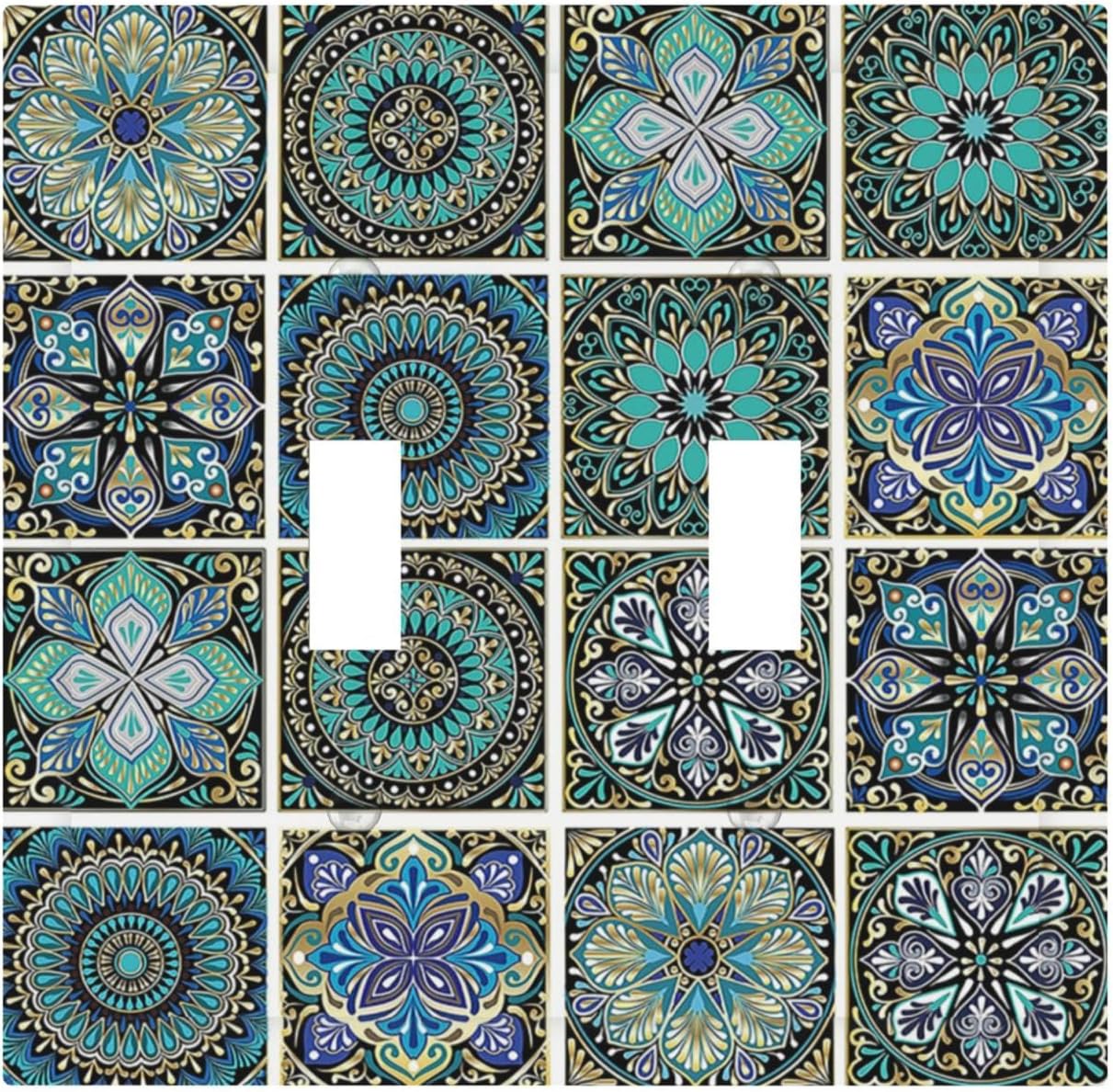 Decorative Switch Plates Mandala Decorative Rustic Vintage Turquoise Pattern 2 Gang Double Toggle Outlet Light Switch Cover Wall Plate Electrical Faceplate for Bedroom Bathroom Decor
