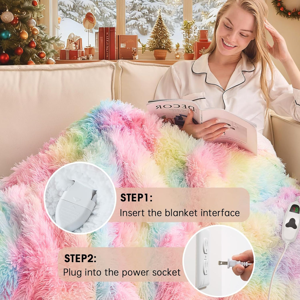 Heated Electric Blanket Twin,Warm Winter Birthday Gifts for Women Her Grandma–Faux Fur with Soft Sherpa,10 Heat Settings,5 Time Settings with Fast Heating, 62x84, Rainbow