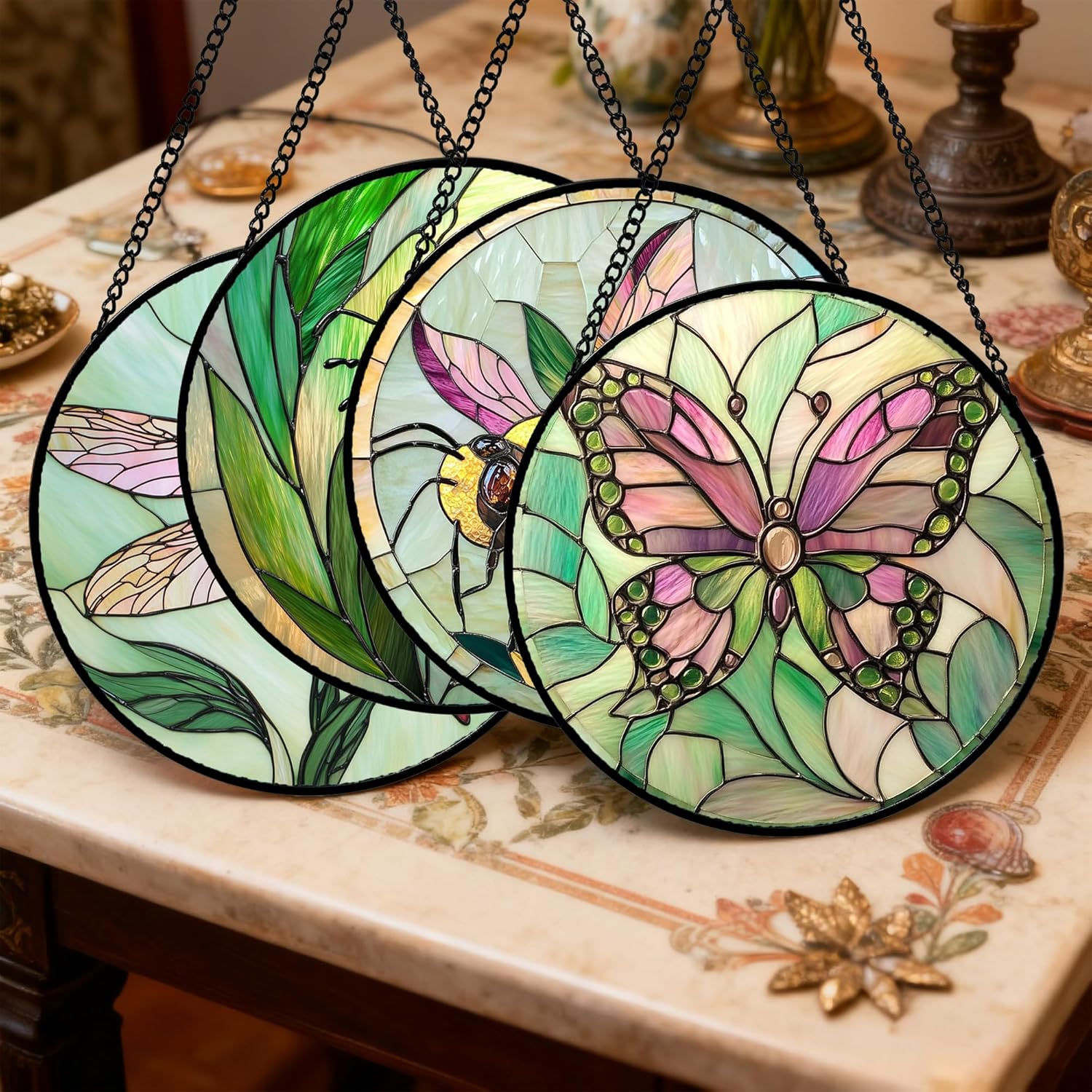 Stained Glass Window Hanging 4 Pcs Set Pink Green Insect Theme Large 15" - Butterfly Suncatcher Door Garden Sun Catcher Decor Birthday Christmas for Mom Woman Nana Men