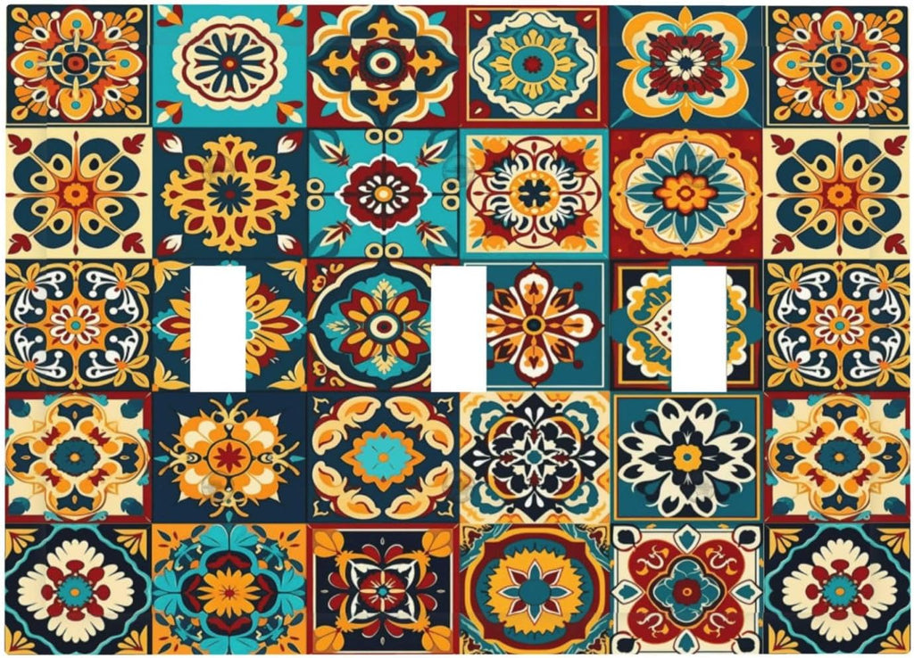 Mexican Talavera Ceramic Tile Moroccan Boho Decorative Switch Plates 3 Gang Wall Plate Triple Toggle Light Switch Cover Faceplate Electrical Wall Panels for Bathroom Kitchen Decor