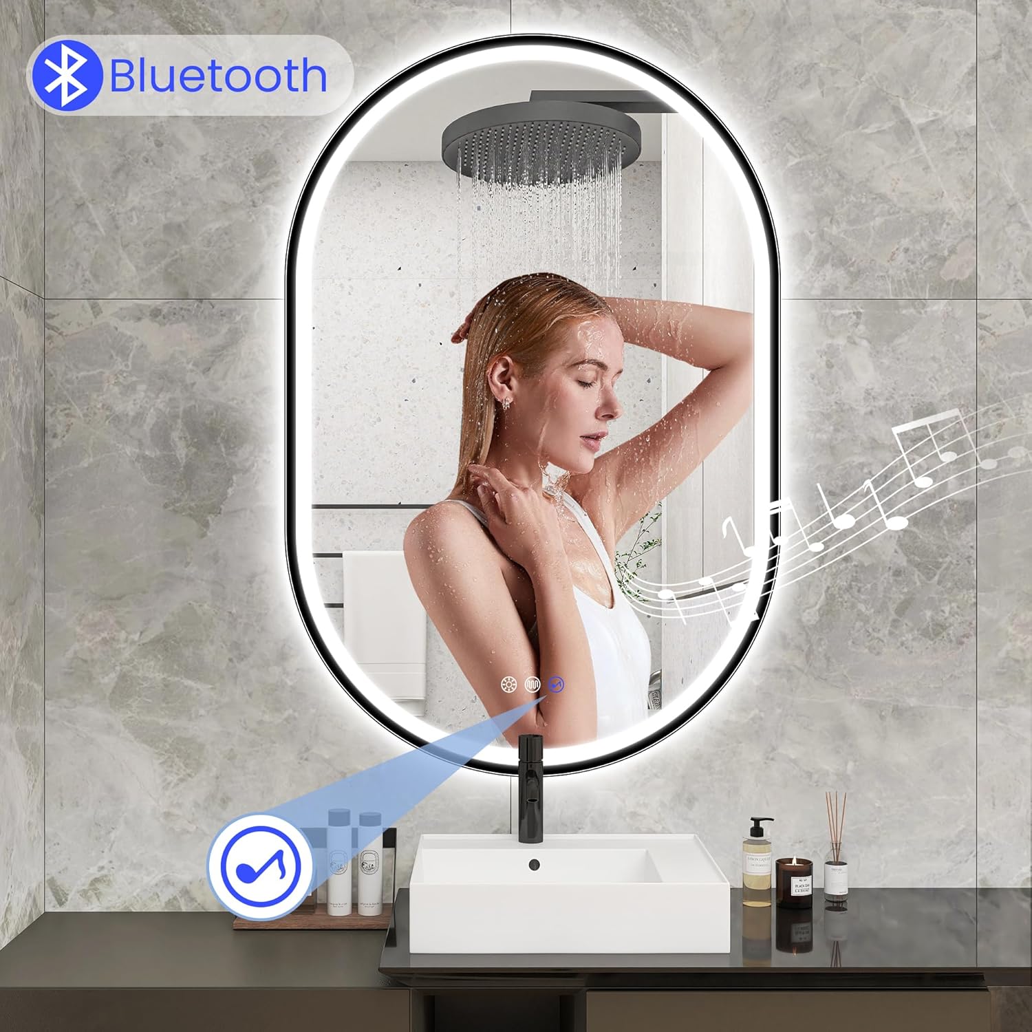 STARLEAD 24"x36" LED-Bathroom-Mirror-with-Lights, Wall-Mounted with Bluetooth, Anti-Fog, 3 Color Temperature Dimmable Brightness, Waterproof, Tempered Glass, Frontlit & Backlit, Black Frameless Oval