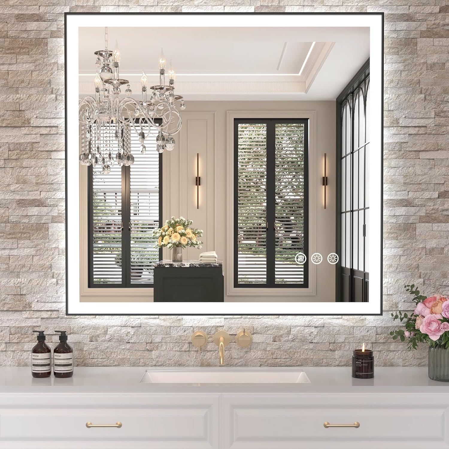 Amorho LED Bathroom Mirror with Black Frame, 40"x 38" Front Light and Backlit(Controlled Separately), Stepless Dimmable, Anti-Fog, Shatter-Proof, 3 Colors, Memory