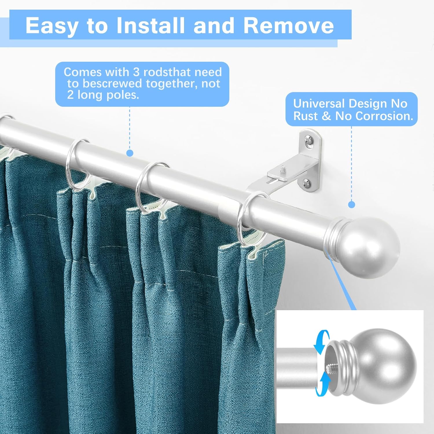 Curtain Rods for Windows 16 to 48 Inches, Curtain Rod Max Adjustable Length of 60 IN, 1" Diameter Drapery Rods Round Finials, Satin Silver, Pack of 1
