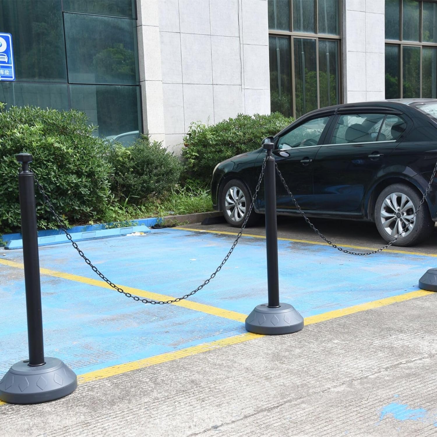6 Pack Traffic Delineator Post Cones with Plastic Chain Crowd Control Barriers - Expandable 40" Traffic Control Cones, 6 x 6.6 Ft Chains for Indoor & Outdoor Use (Black-Water Filled Base)