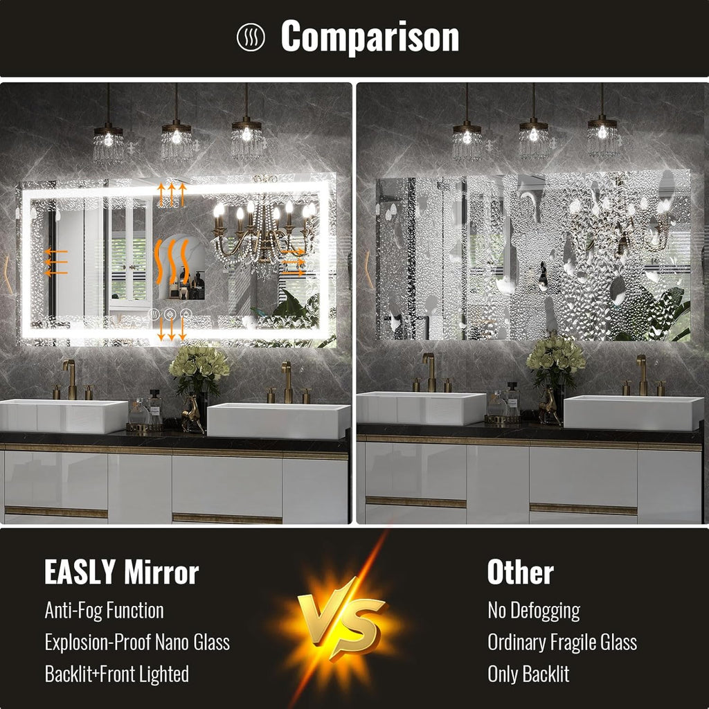 LED Bathroom Mirror, 30x55 Inch White Framed Gradient Front and Backlit Vanity Mirror, Anti-Fog, Dimmable, Wall Mounted Horizontal/Vertical Lighted Mirror