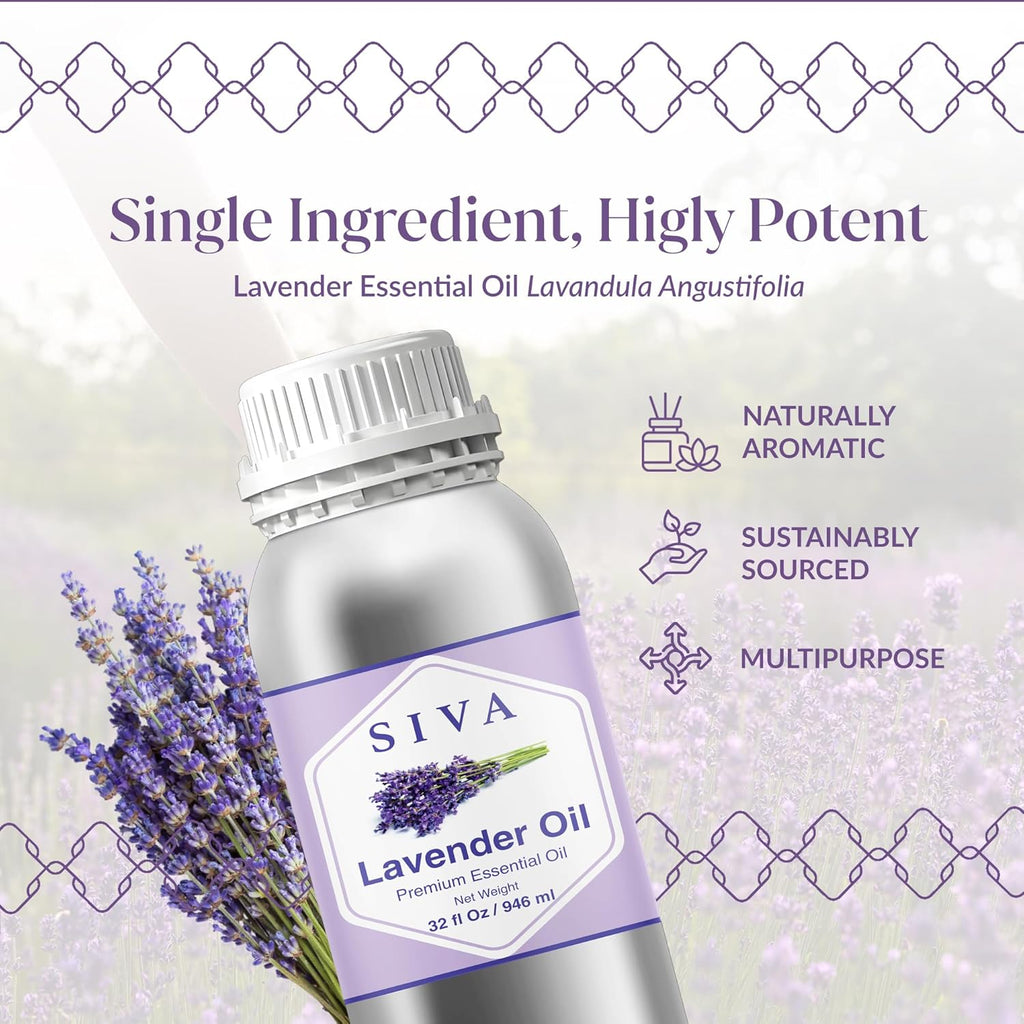 Siva Lavender Essential Oil – 32 Fl Oz – 100% Natural Lavender Oil - for Diffuser, Hair Care, Face, Skin Care, Aromatherapy, Scalp and Body Massage, Soap and Candle Making