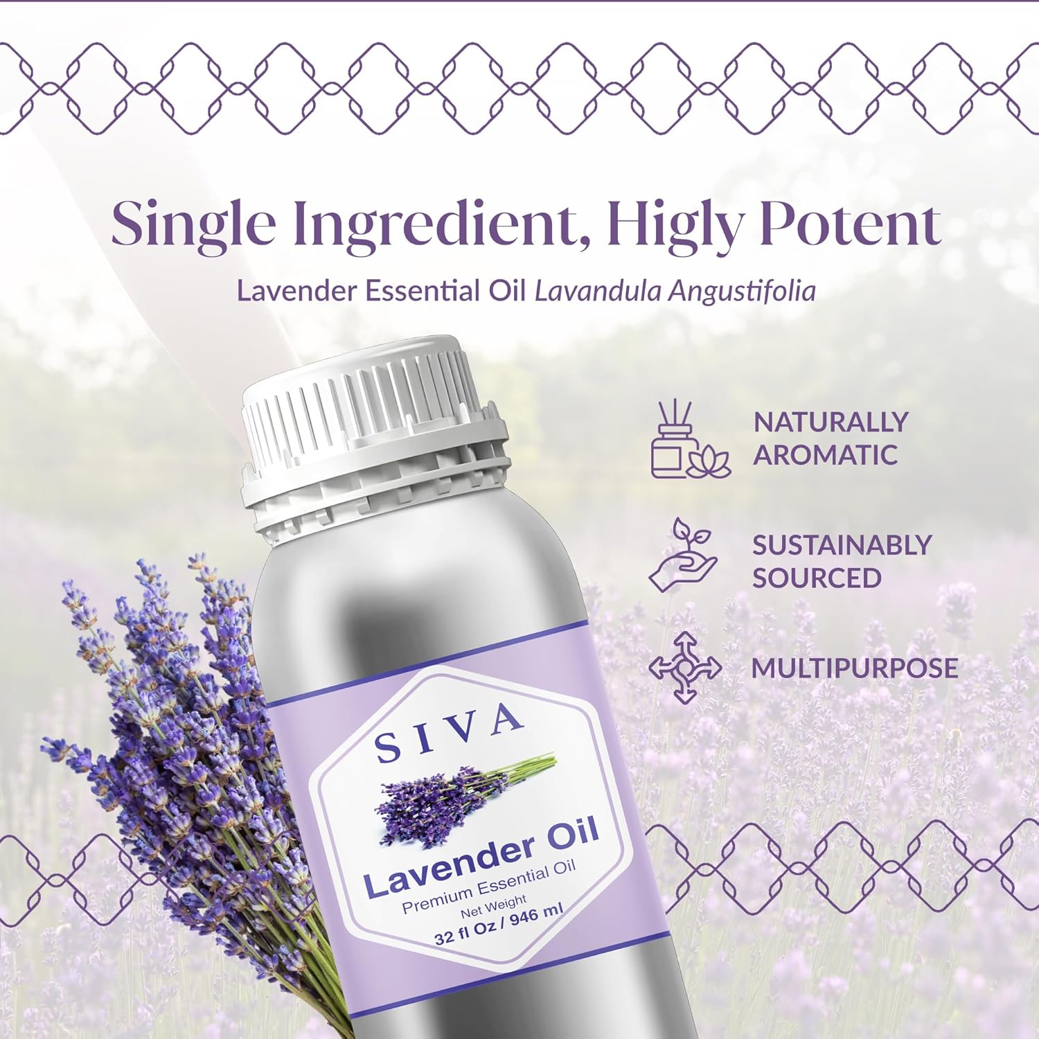 Siva Lavender Essential Oil – 32 Fl Oz – 100% Natural Lavender Oil - for Diffuser, Hair Care, Face, Skin Care, Aromatherapy, Scalp and Body Massage, Soap and Candle Making