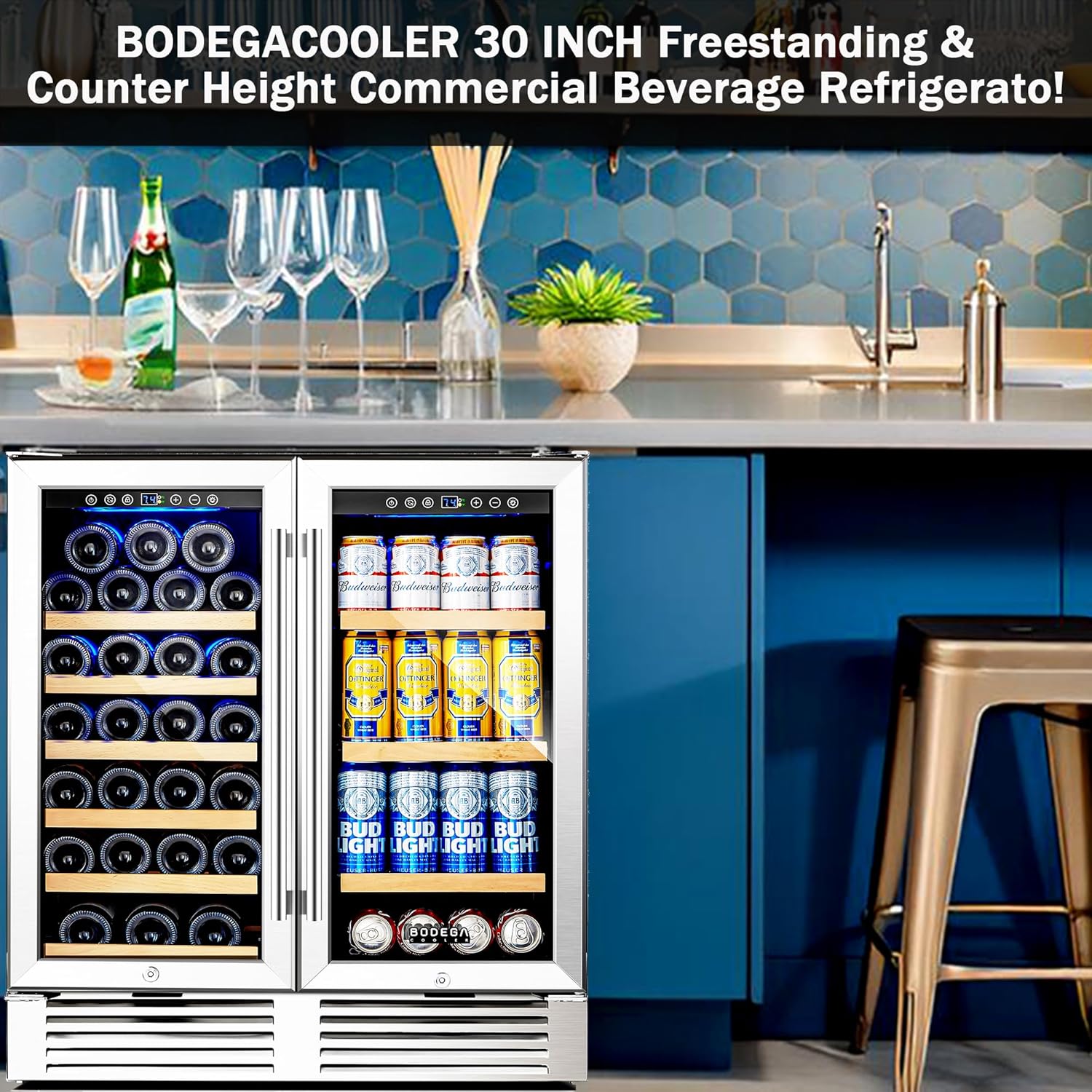 BODEGACOOLER Back Bar Cooler With 2 Glass Doors,30 Inch Wine and Beverage Refrigerator with Digital Touch,Counter Height Commercial Beverage Refrigerator, Beverage Cooler Holds 31 Bottles and 92 Cans.