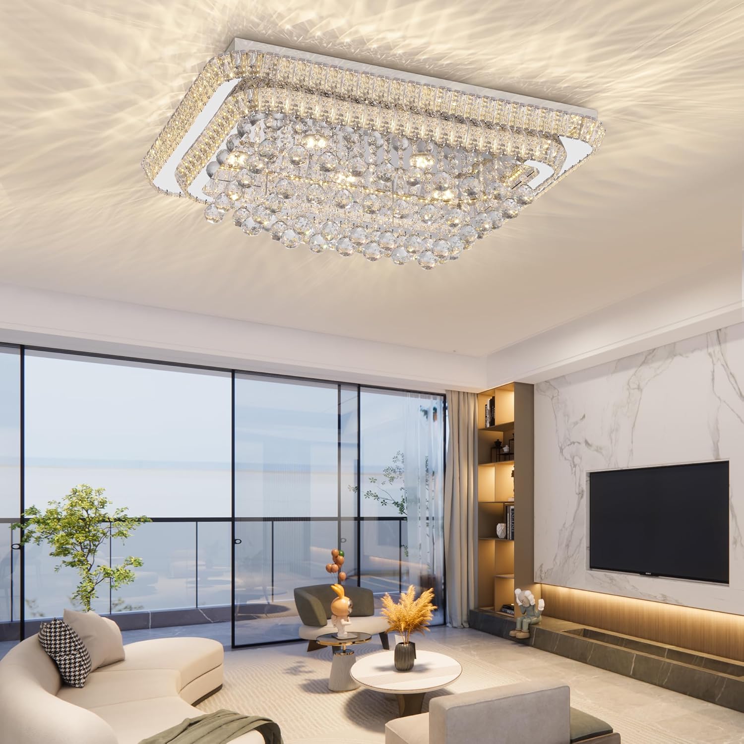 COCOSTAR 32 inch Crystal Flush Mount Chandelier Remote/APP, Modern Raindrop LED Ceiling Light, 3CCT Dimmable & Brightness Adjustable,Elegant Chandeliers for Bedroom Hallway Dinning Room Living Room