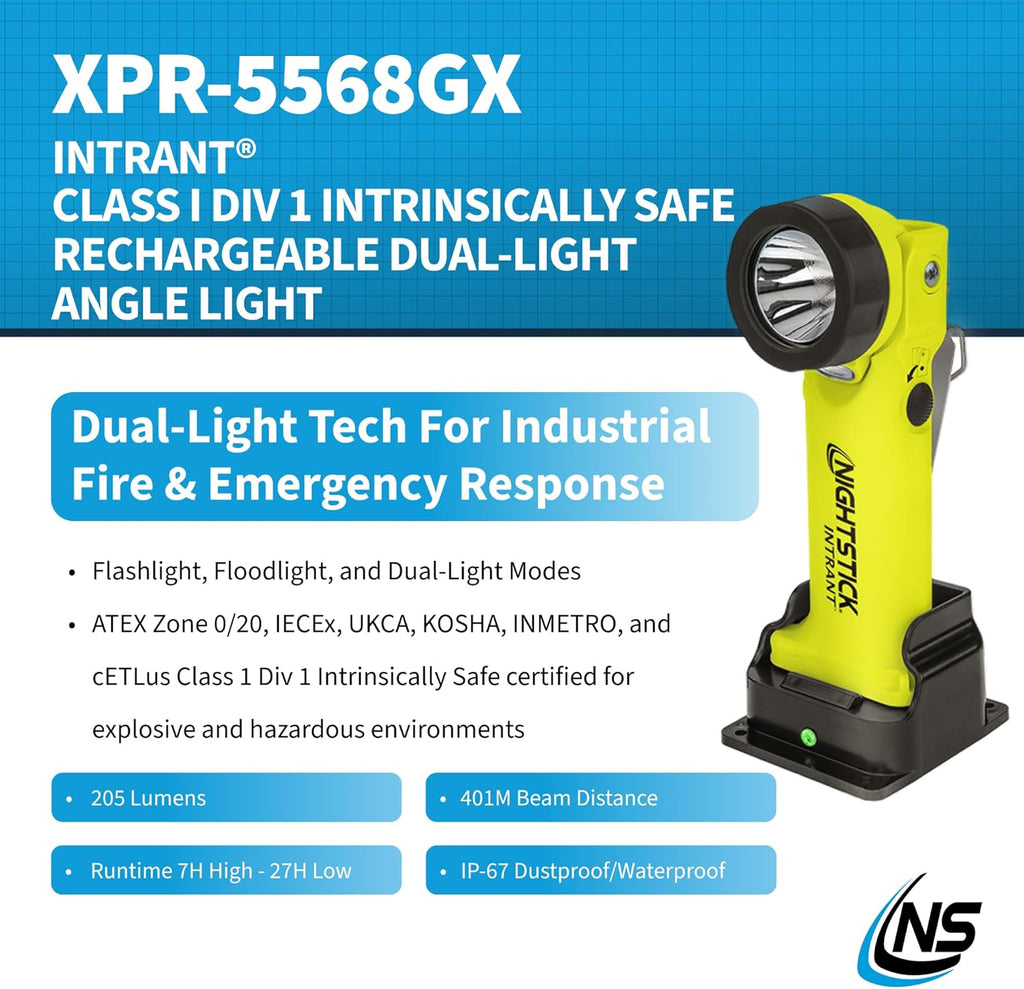 Nightstick XPR-5568GX Intrant Rechargeable Intrinsically Safe Permissible Dual-Light Angle Light (Green)
