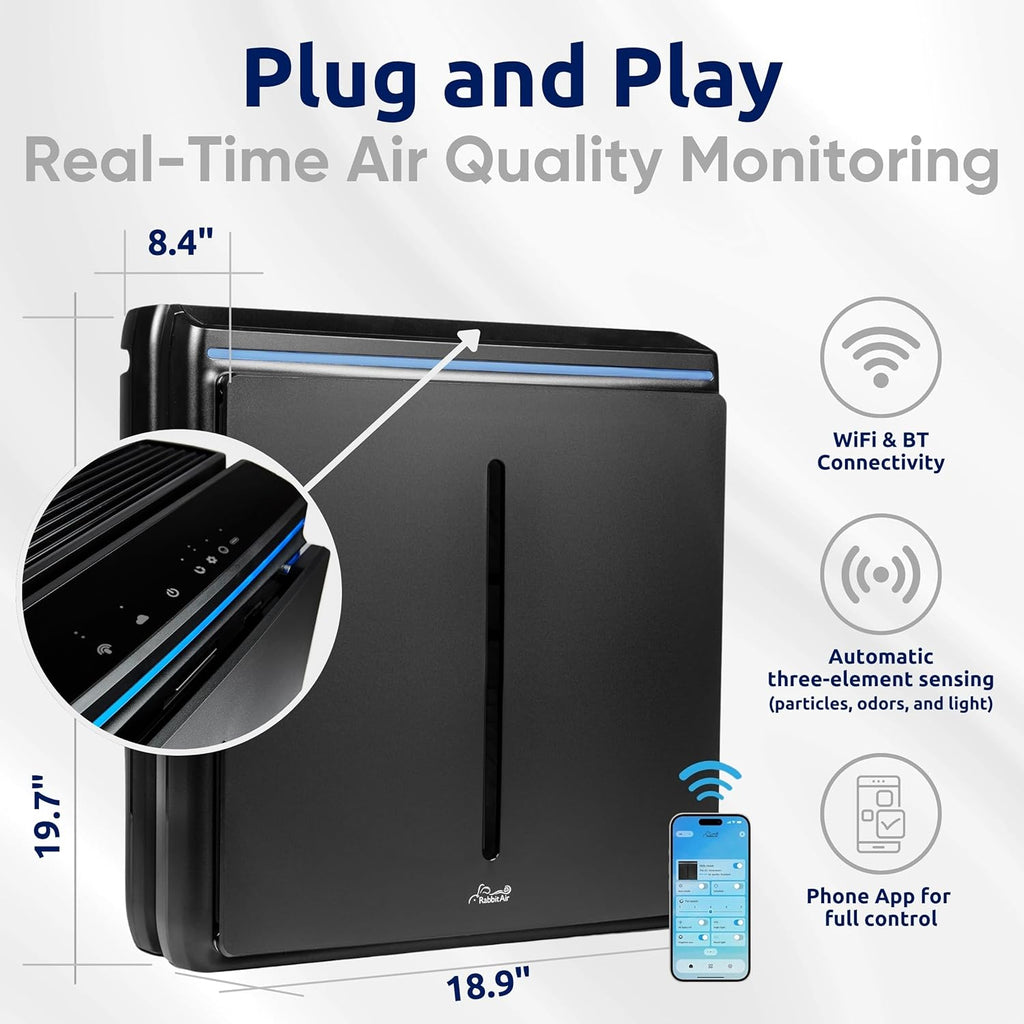 Rabbit Air, A3 SPA-1000N Air Purifiers for Home, Ultra Quiet HEPA Air Purifier - Wall Mountable Air Purifiers for Home Large Room, Allergies, Dust, Mold, Smoke & VOCs - (Black, Pet Allergy Filter)