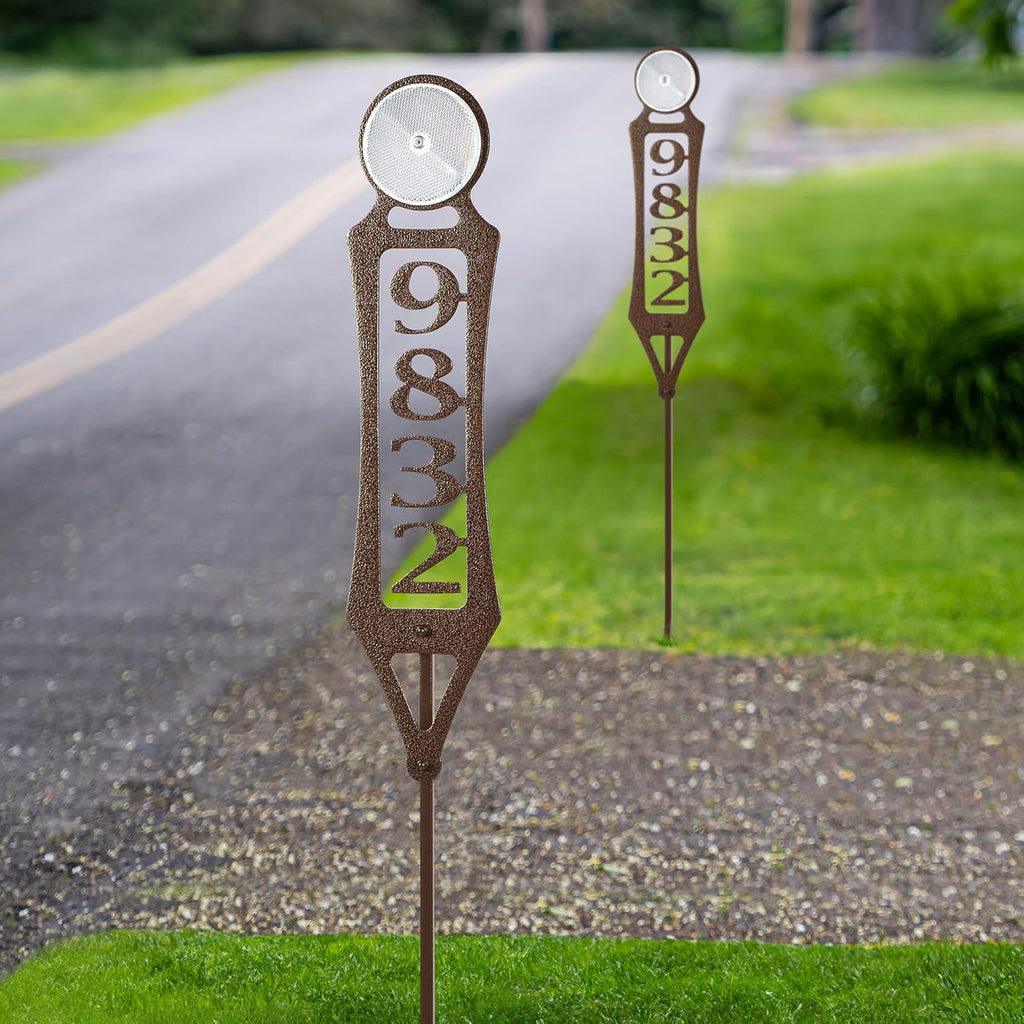 Pathways Vertical Custom Reflective Driveway Marker Set of Two | Personalize with 1-5 House Numbers or Last Name | Weathered Bronze Finish for Outdoors Year-Round | Address Reflector Stake Set