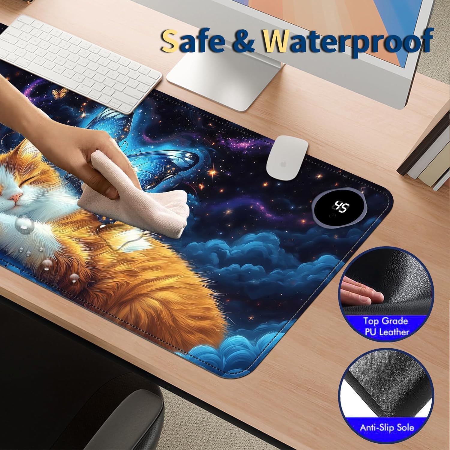 Heated Mouse Pad with 3 Temperature Settings(104°F–122°F),Large 31.5x13 Inch PU Leather Heated Desk Mat,Waterproof Warming Pad for Office,Gaming & Cold Hands Relief,Cat Bule Butterfly