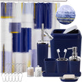Blue Bathroom Accessories Set, Bathroom Sets with Shower Curtain, Navy Blue Bathroom Accessories with Trash Can, Soap Dispenser, Soap Dish, Toilet Brush Holder, Qtip Holders for Bathroom