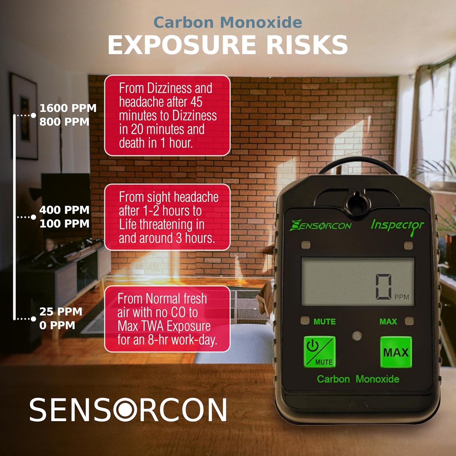 Inspector Portable Carbon Monoxide Detector with Visual and Audio Alarms – Waterproof Digital CO Detector for Personal, Ambient, and Combustion Monitoring