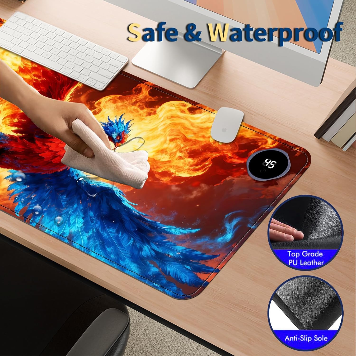 Heated Mouse Pad with 3 Temperature Settings(104°F–122°F),Large 31.5x13 Inch PU Leather Heated Desk Mat,Waterproof Warming Pad for Office,Gaming & Cold Hands Relief,Fiery Phoenix Bird