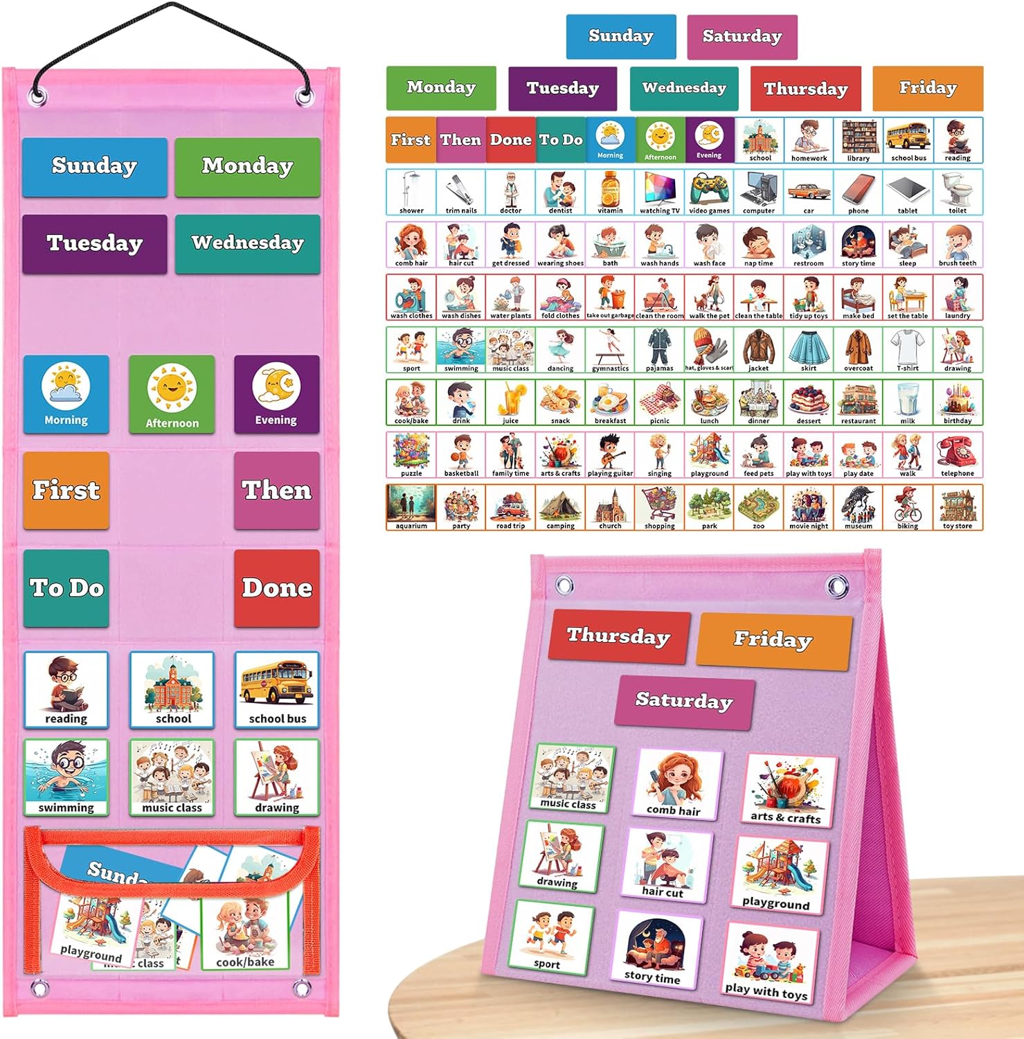 Visual Schedule for Kids Chore Chart，3 in 1 Daily Schedule Board Routine Pocket Chart Cards for Toddlers,Autism Learning Materials Tool Wall Planner for Home School with 103 Cards （Pink）