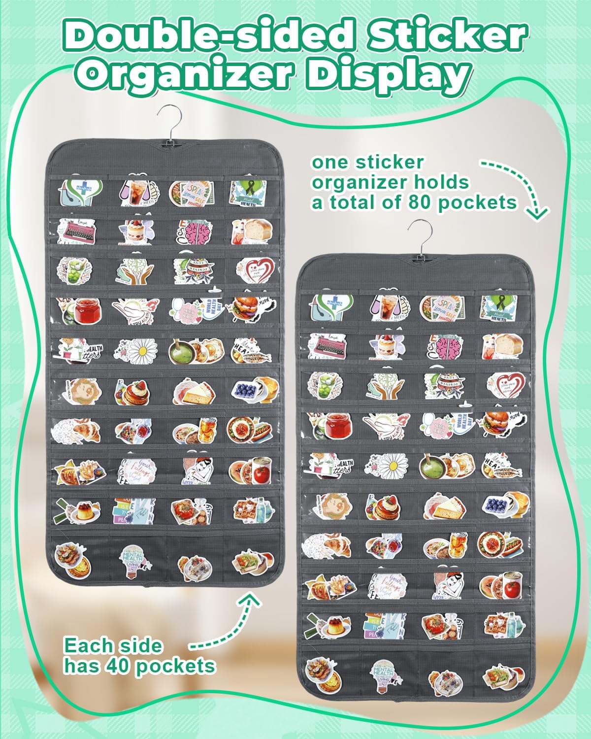 UCEC Hanging Sticker Organizer, Double-Sided 80 Pocket Hanging Sticker Display Stand with Waterproof Pockets, Portable Sticker Charts for Classroom, Vendors Events and Small Business Supplier (Gray)