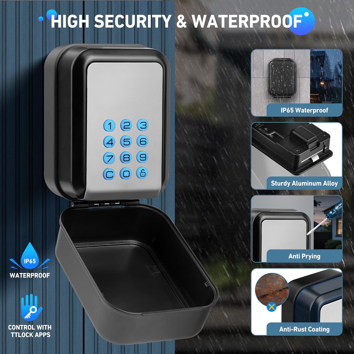 HUANLANG Smart Key Lock Box - Bluetooth Electronic Lock Box for Keys, Wall Mount Digital Key Storage with App Control & PIN Code Types, IP65 Waterproof lockbox for Home, Airbnb, Realtor and Office