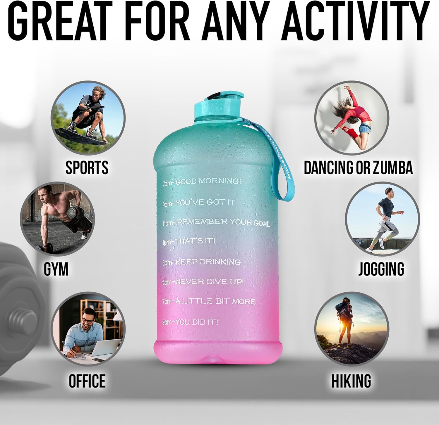 Hydration Nation 1 Gallon Water Bottle with Times to Drink - Motivational Time Reader Leak-Proof Jug with Flip Cap & Strap - 128oz Sports Bottle