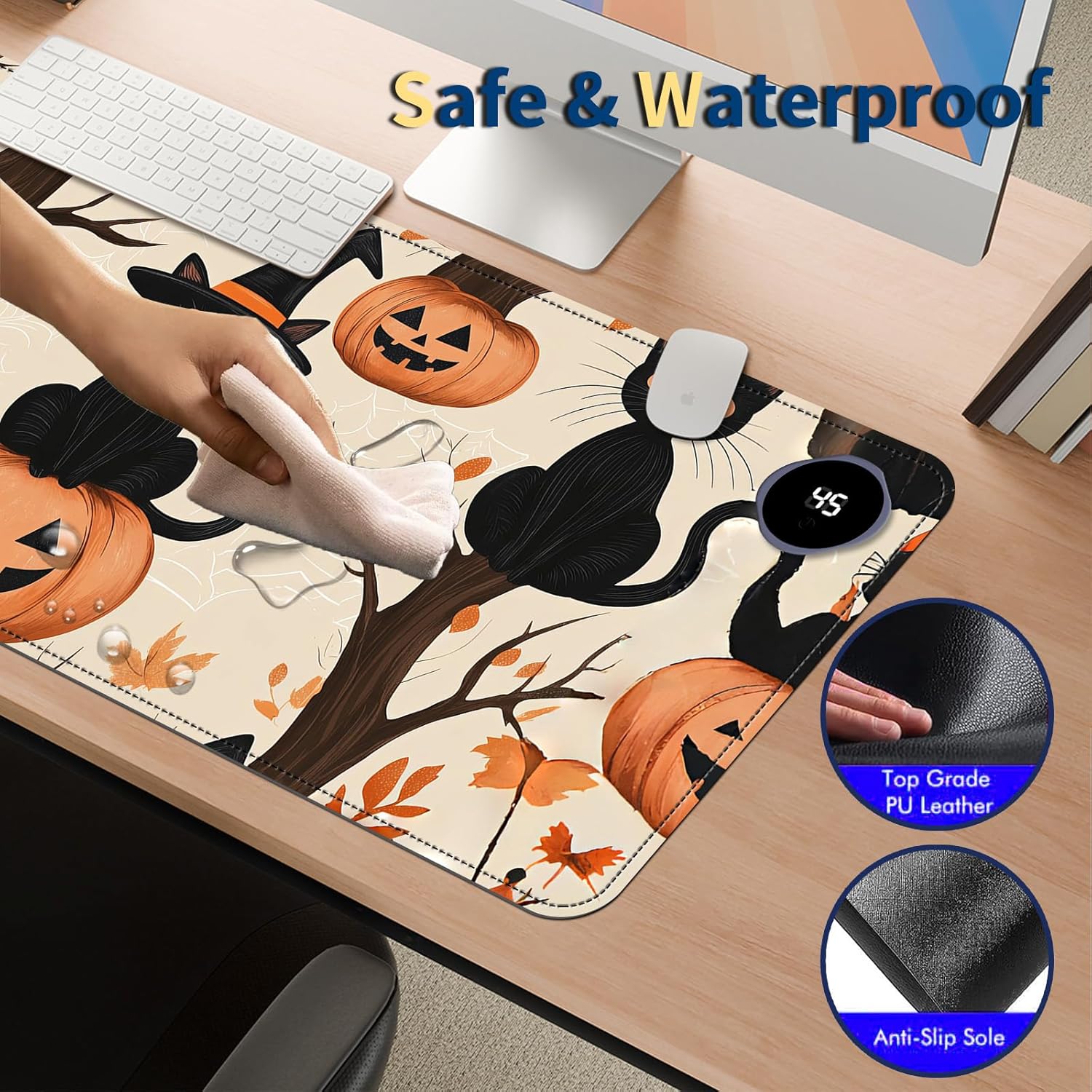 Heated Mouse Pad with 3 Temperature Settings(104°F–122°F),Large 31.5x13 Inch PU Leather Heated Desk Mat,Waterproof Warming Pad for Office,Gaming & Cold Hands Relief,Black Cats Pumpkins