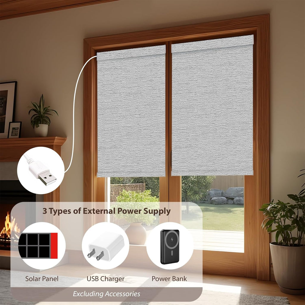 Motorized Roller Blinds with Remote, 100% Blackout Automatic Roller Shades for Bedroom, Bathroom, and Living Room, Customized Size, Fine Texture Gray
