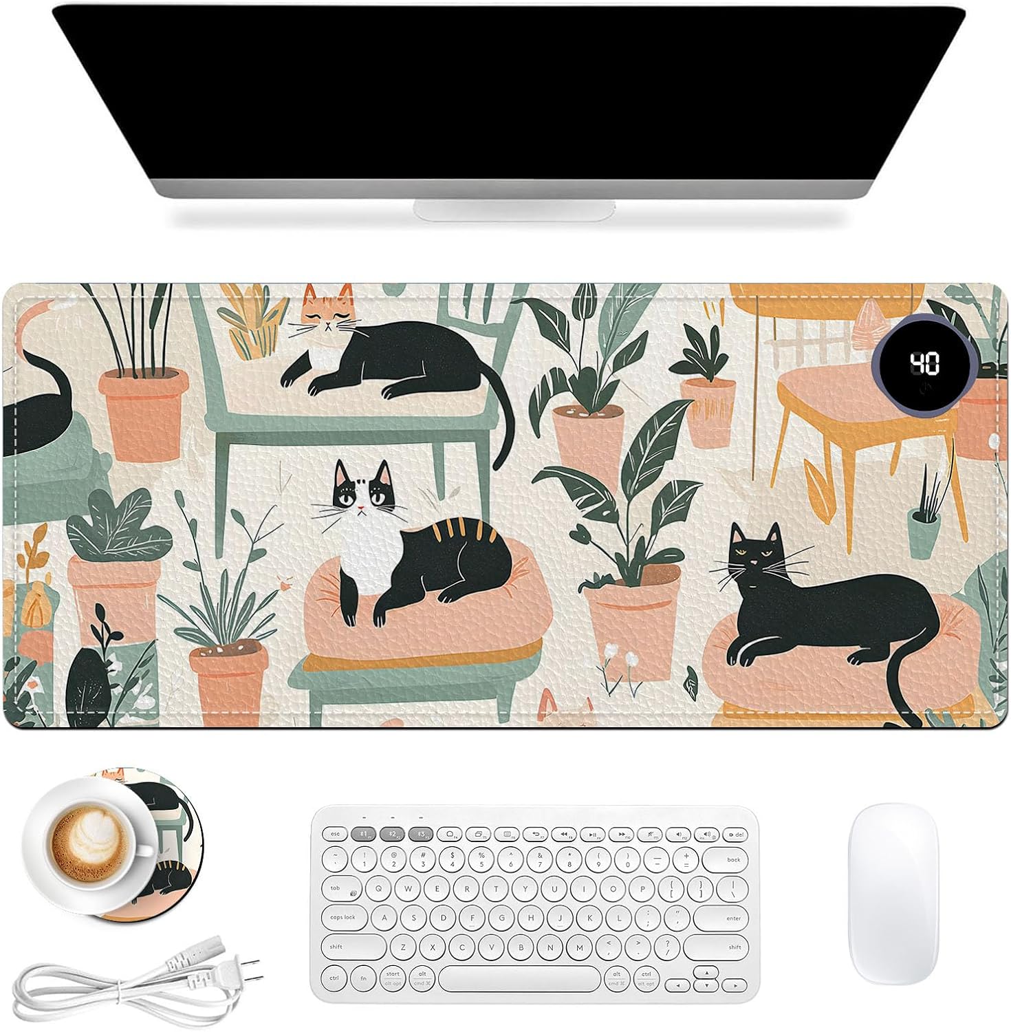 Heated Mouse Pad, Warm Desk Pad, Keyboard Mat 31.5 x 13 Inch Large Size Intelligent Fast Heating, 3 Speed Adjustable, Timed Auto Power Off for Game Office Home,Cartoon Cat Bed
