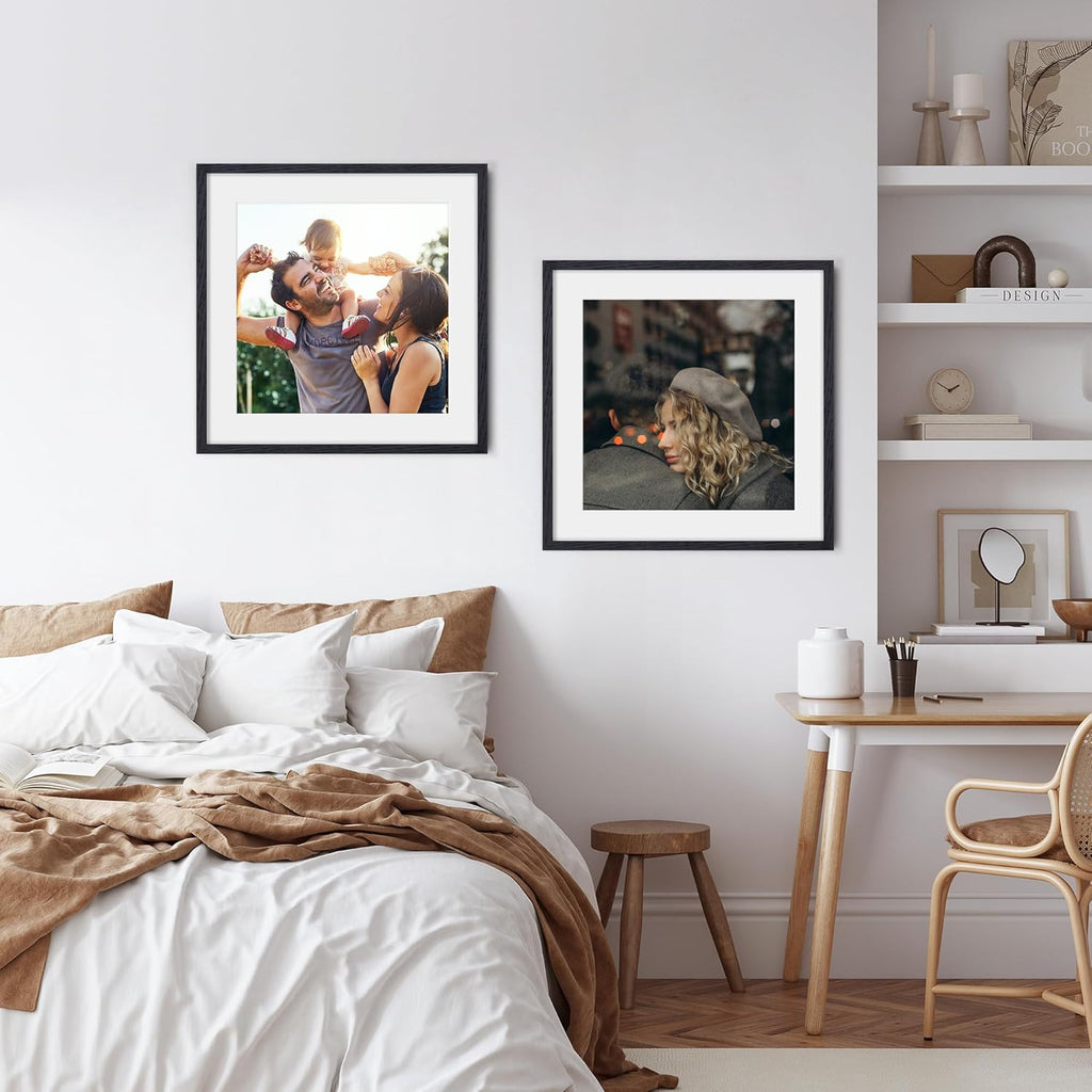 Fun Memories 20x20 Square Picture Frames, Rustic Solid Oak Wood Frame 20 x 20 for Wall, Wooden 20 by 20 Photo Frames with Tempered Real Glass, 20x20 Frame Matted to 16x16, Black Color, Set of 2