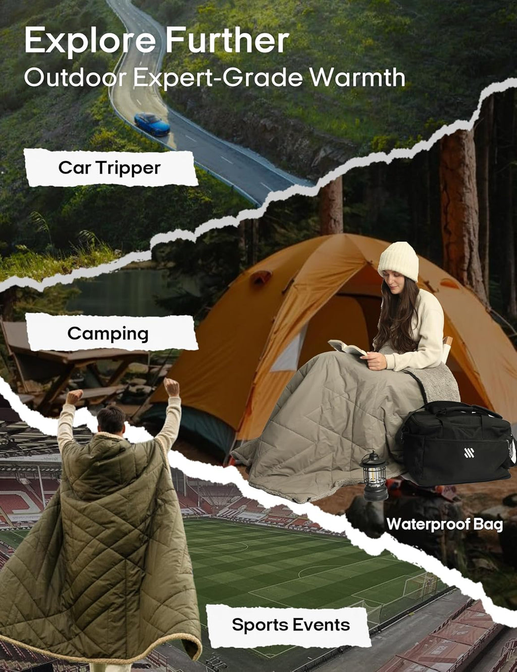 ZonLi Z-Walk Battery Operated Heated Blanket,Rechargeable 12v Portable Heated Blanket with 3 Heating Levels,Includes 20000mAh Power Bank,for Camping,Car,Stadium,Outdoors(Army Green)