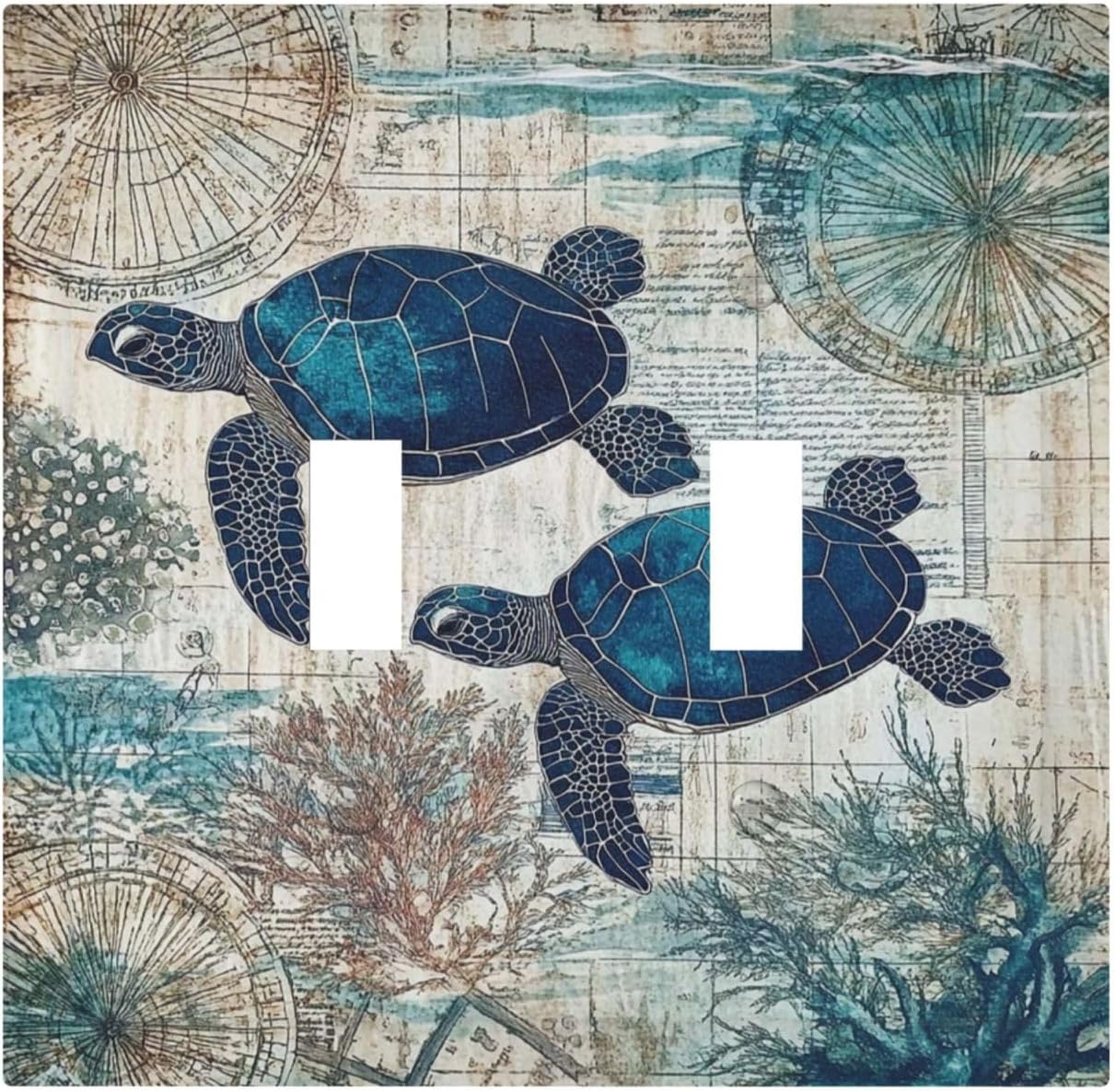 Blue Green Sea Turtle Tropical Ocean Coral Nautical Map Decorative Switch Plates 2 Gang Double Toggle Outlet Light Switch Cover Wall Plate Electrical Faceplate For Bed Room Bathroom Decor