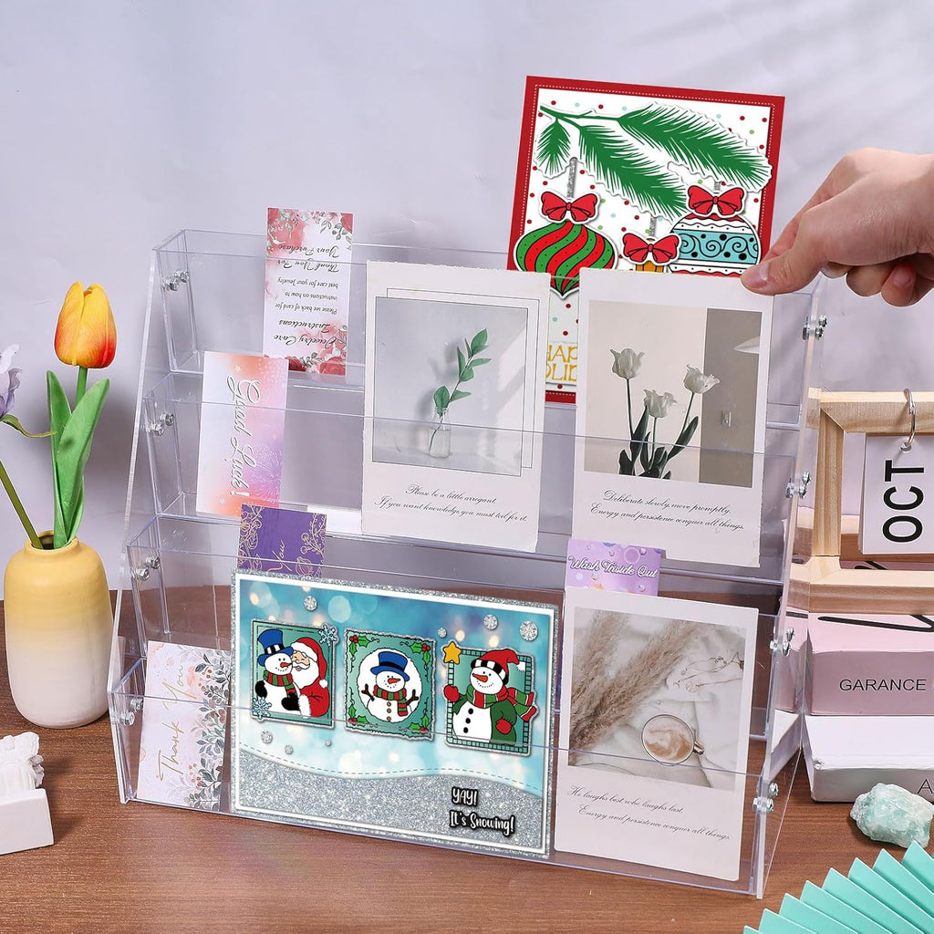 GLOBLELAND 4-Tier Clear Acrylic Sticker Display Stand Sticker Display Rack Holder Portable Card Display Rack for Greeting Cards Vendors Retail Business Brochure Postcard