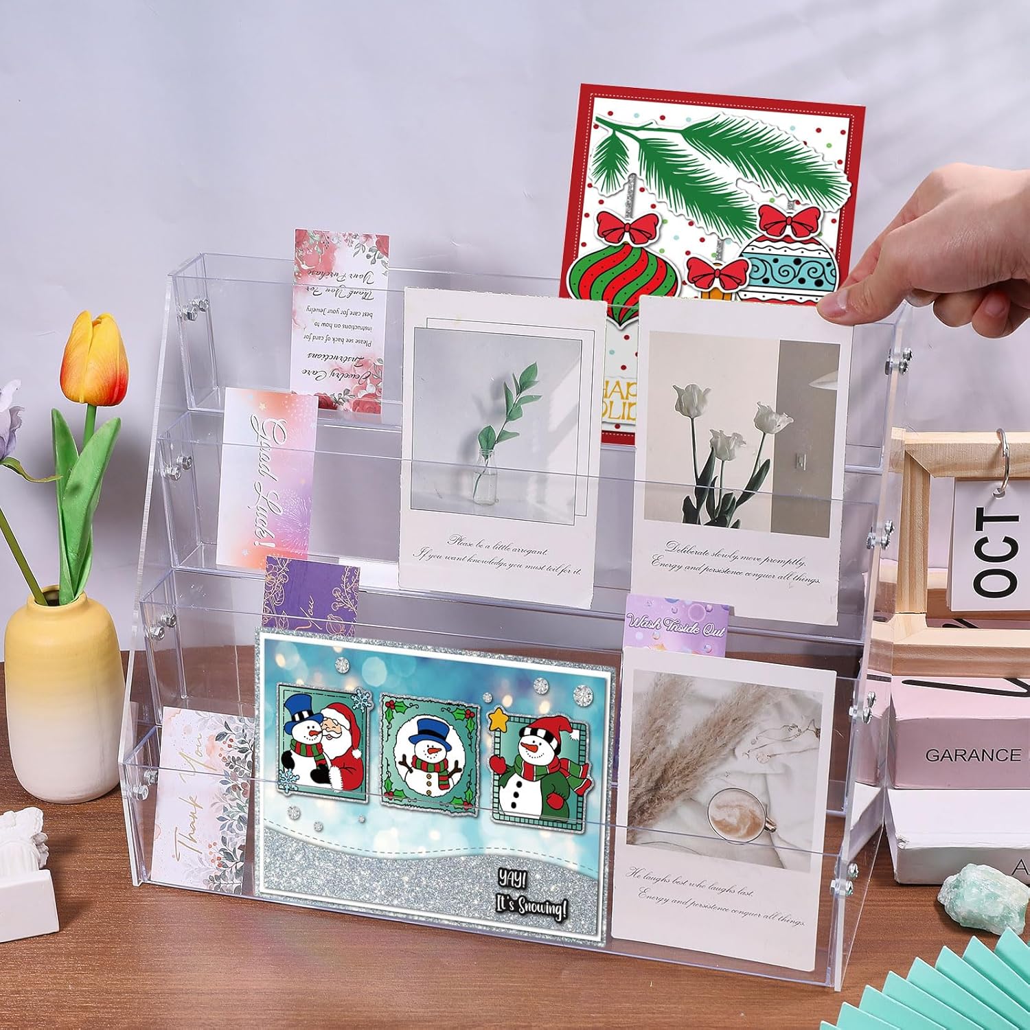 GLOBLELAND 4-Tier Clear Acrylic Sticker Display Stand Sticker Display Rack Holder Portable Card Display Rack for Greeting Cards Vendors Retail Business Brochure Postcard