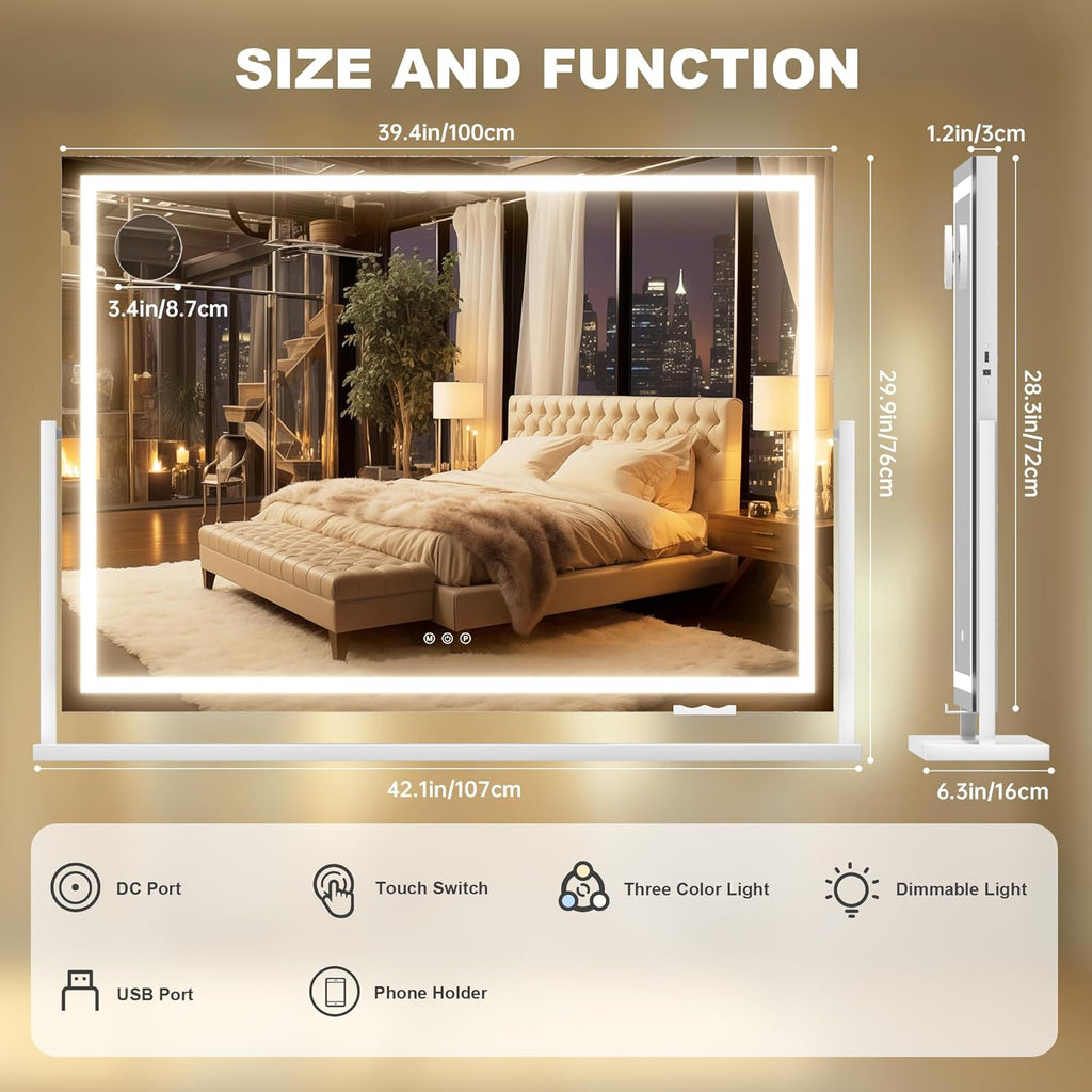 Hasipu Vanity Mirror with Lights, 39.4" x 28.3" LED Makeup Mirror, Light up Mirror with 10X Magnification and Phone Holder, USB Charging Port, Smart Touch 3 Colors Dimmable (White)