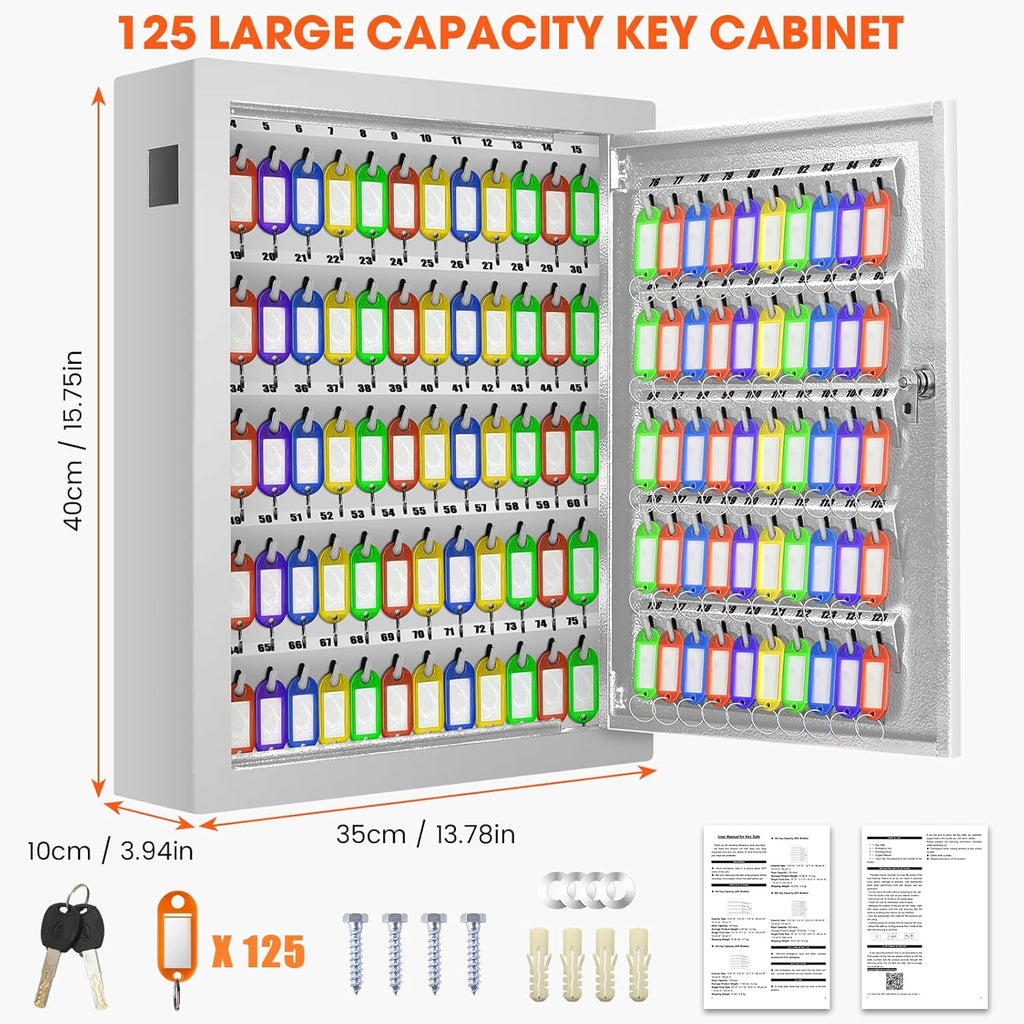 125 Key Lock Box Wall Mount with Anti-Theft Deposit Key Slot, White Key Cabinet with Key Hooks & 125 Tags Key Labels, Key Safe for Hotels & Office & Companies & Car Dealerships