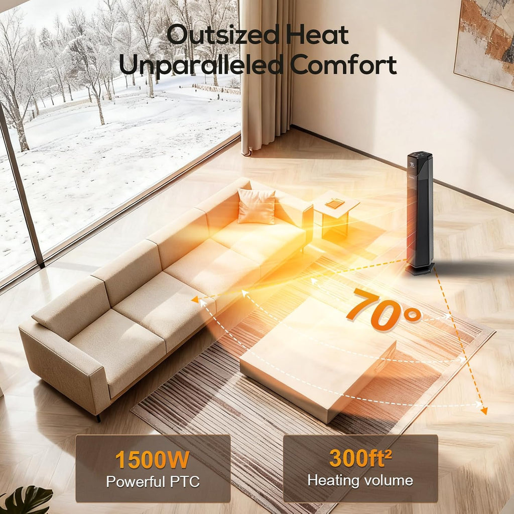 Hykolity Space Heater Large Room, 30" Electric Heaters for Indoor Use with Thermostat and Remote,70° Oscillation, 24H Timer, 1500W Fast Heating Portable Heaters for Office, Bedroom, Home - Black