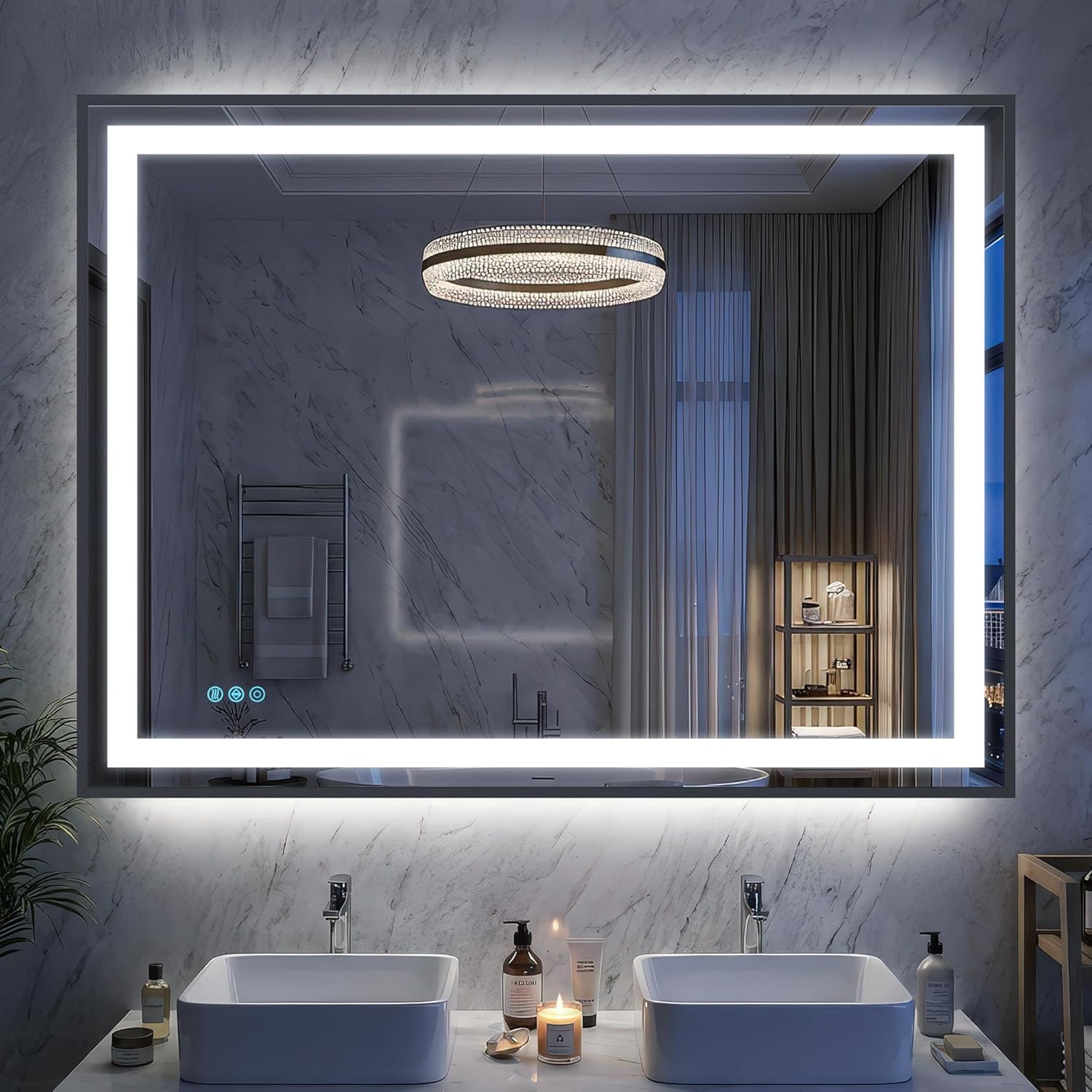 Antok 48X36 LED Bathroom Mirror with Lights, Vanity Mirror for Wall with Black Frame, Touch Control, Anti-Fog, Dimmable Lights, Shatter-Proof, Memory Function, Wall-Mounted Vanity Mirrors