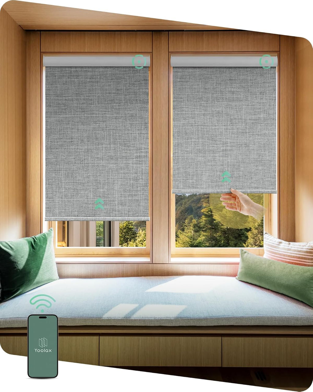 Yoolax Motorized Shades Dual Control, MotionFlex Motorized Roller Shades with App & Manual Control, Pull Down Automatic Shades for Indoor Windows, Custom Size(Blackout Smoky Gray)