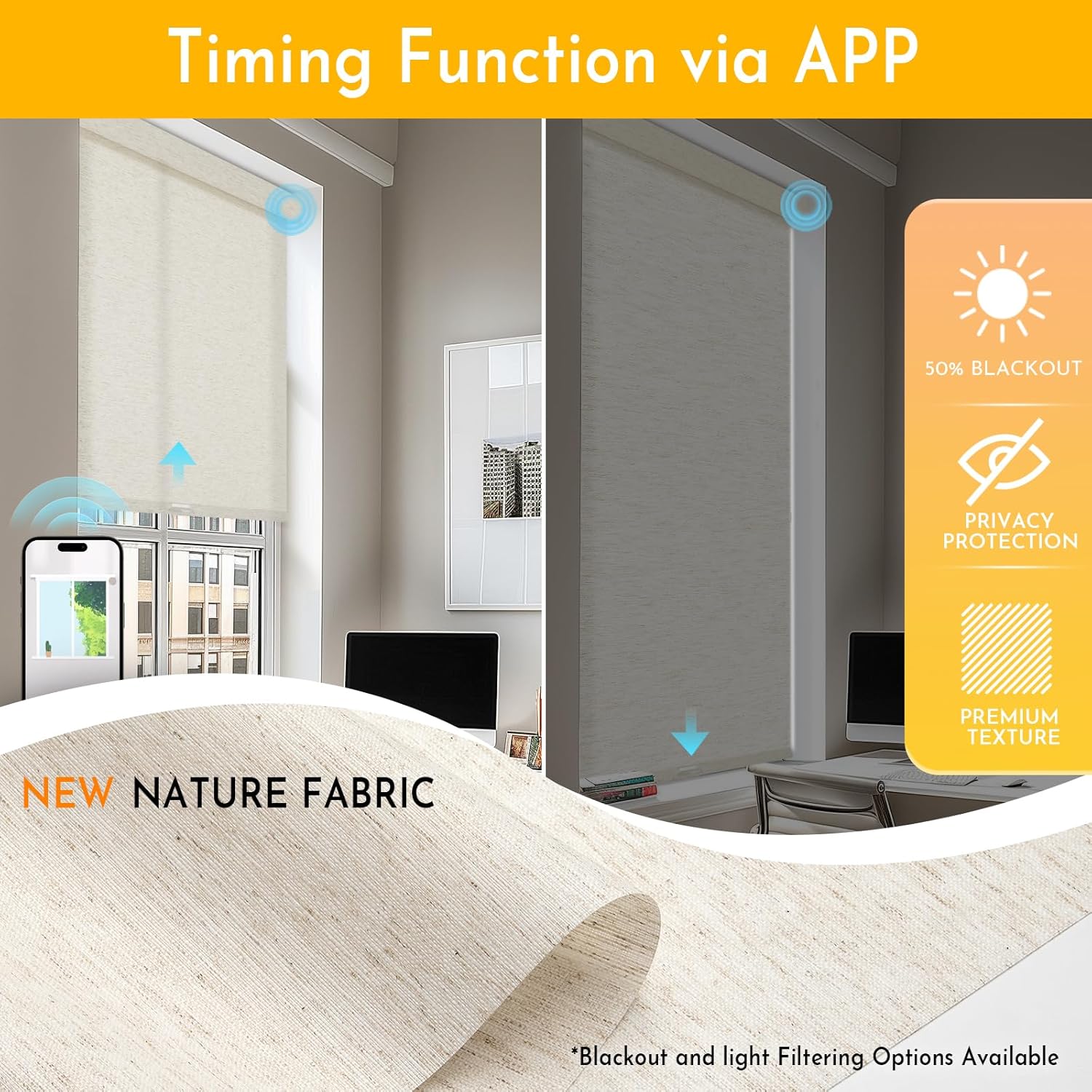 Persilux Smart Motorized Blinds with Remote, No Drill Automatic Roller Shades for Indoor Windows, Light Filtering Linen Fabric, Electric Blinds for Windows, Nature Cream C25-2, Custom Size